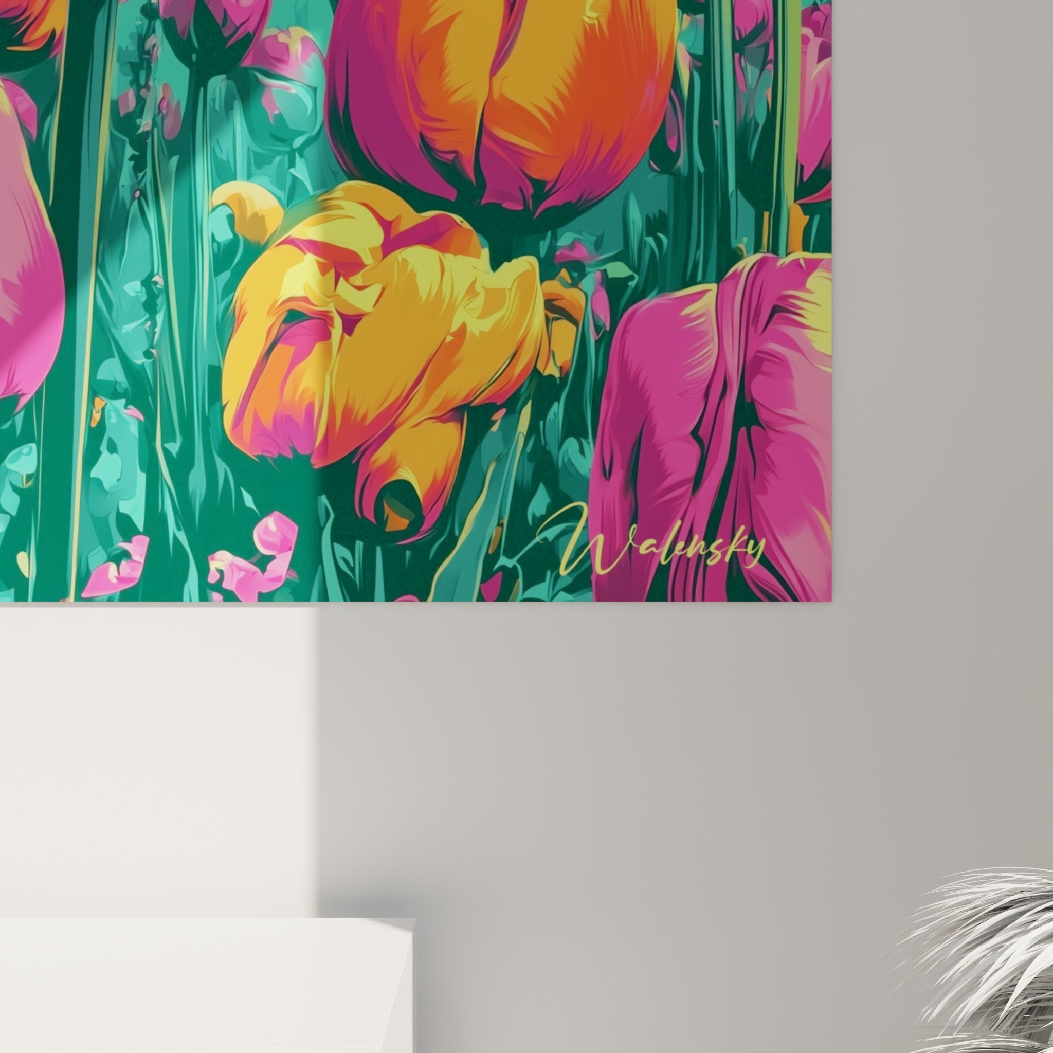 Détail des pétales orange et roses des tulipes, traits noirs marqués et aplats de couleurs vives sur toile