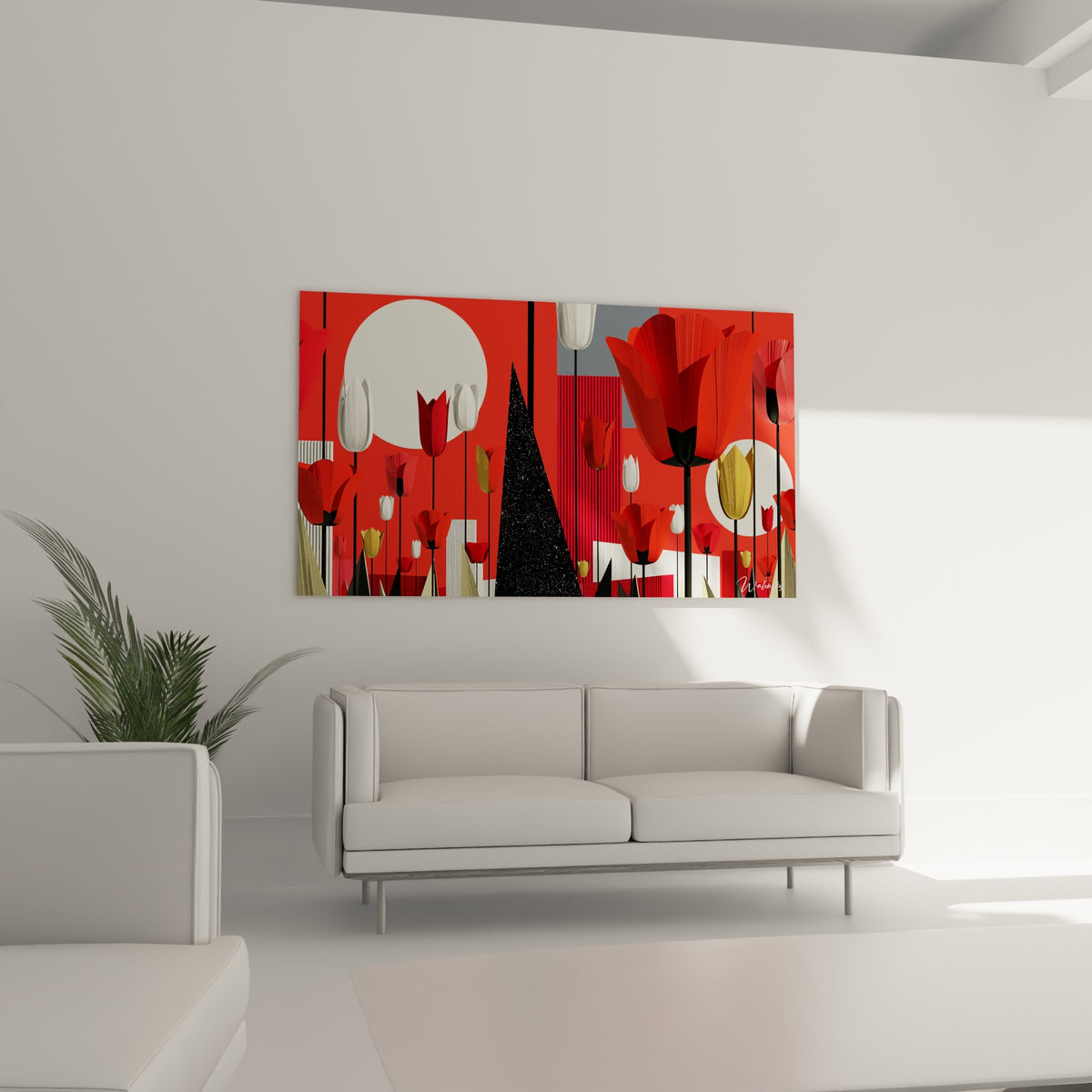 Tulipes stylisées rouge et doré entourant une lune blanche, au-dessus d'un canapé dans un salon lumineux