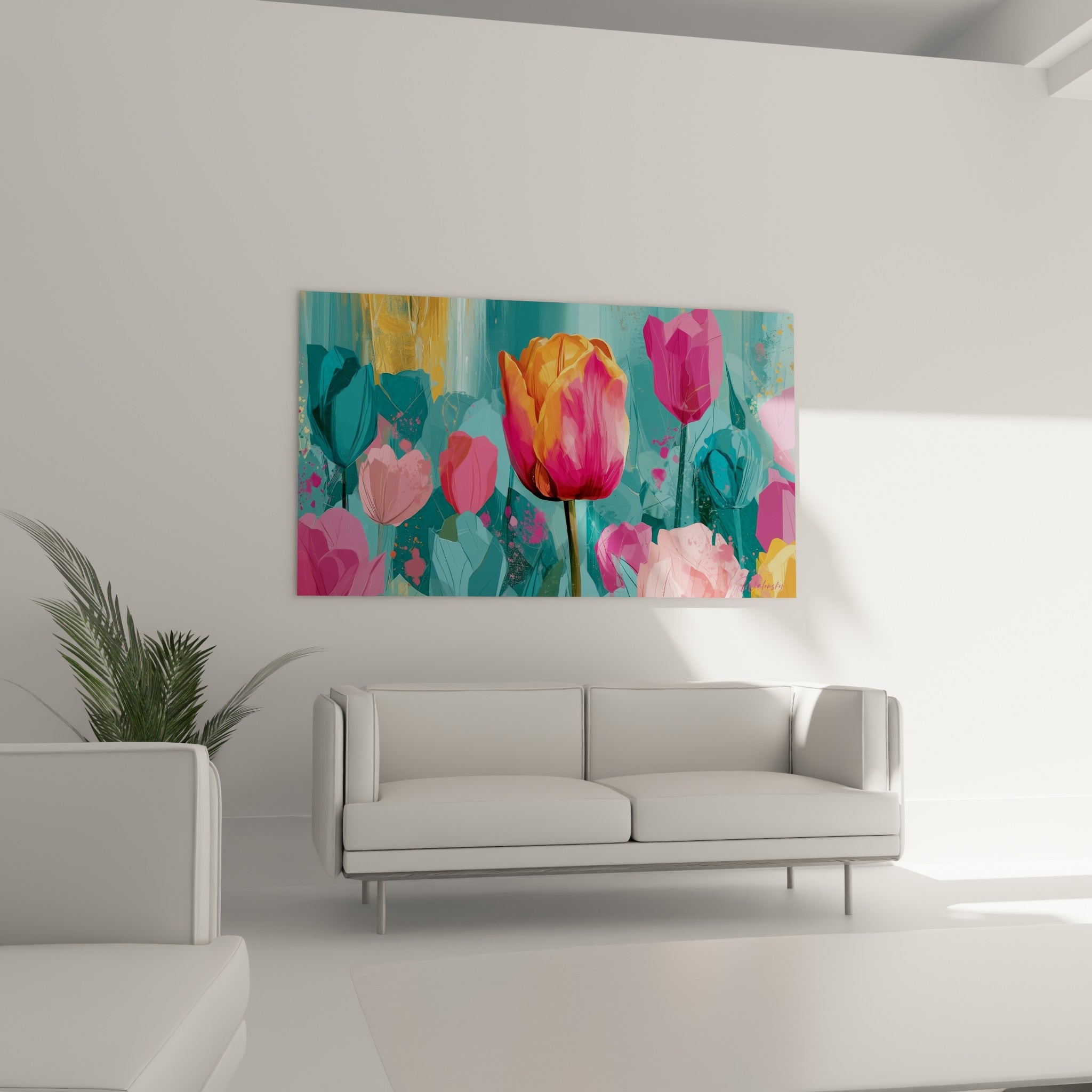 Fleur de tulipe fuchsia et orange se déployant sur fond turquoise, au-dessus d'un canapé dans un salon lumineux