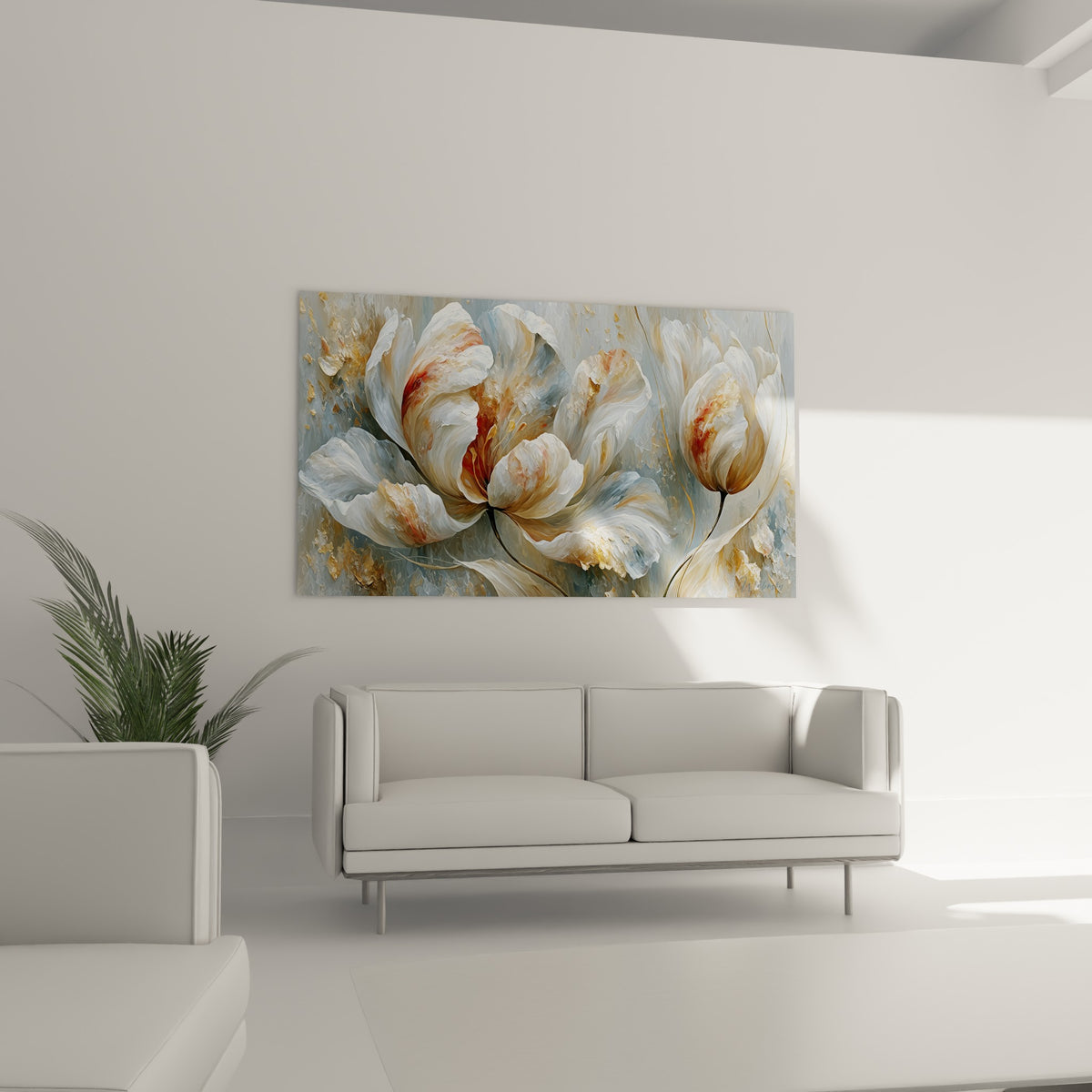 Fleur de tulipe dorée et blanche à la matière sculpturale, au-dessus d'un canapé dans un salon lumineux