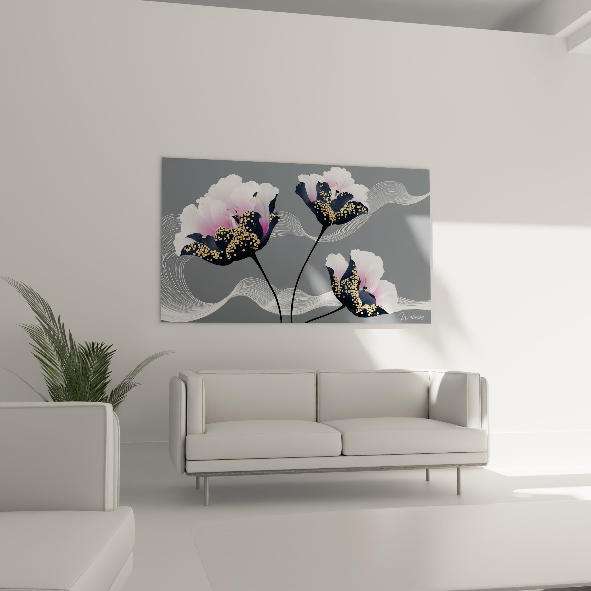 Tulipes blanches à cœur anthracite doré disposées au-dessus d'un canapé dans un salon lumineux