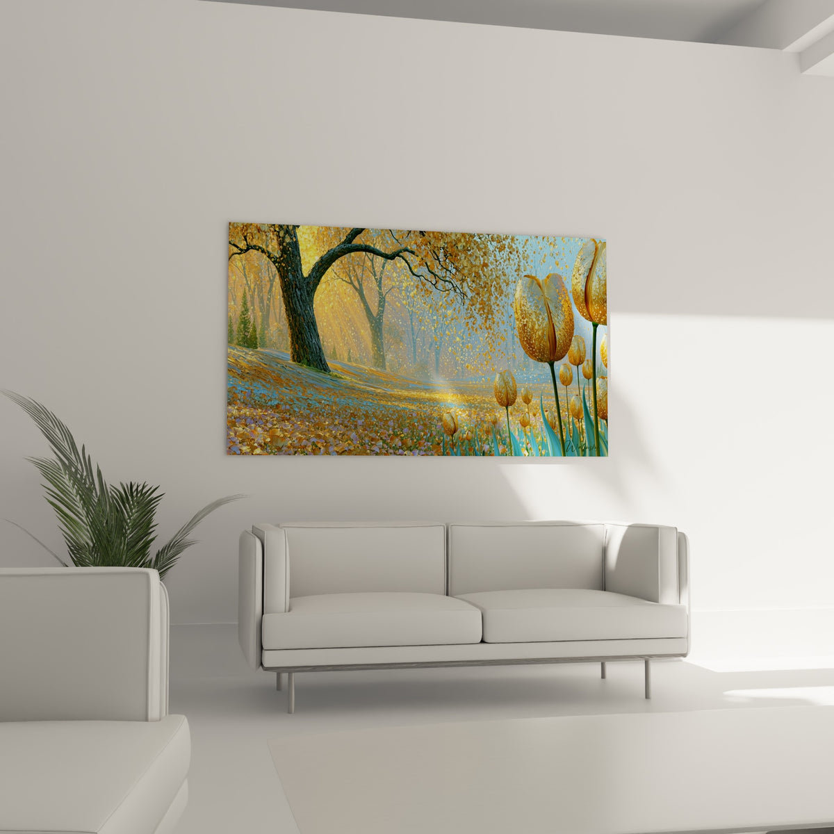 Fleurs de tulipe ocre et dorées disposées au-dessus d'un canapé dans un salon lumineux