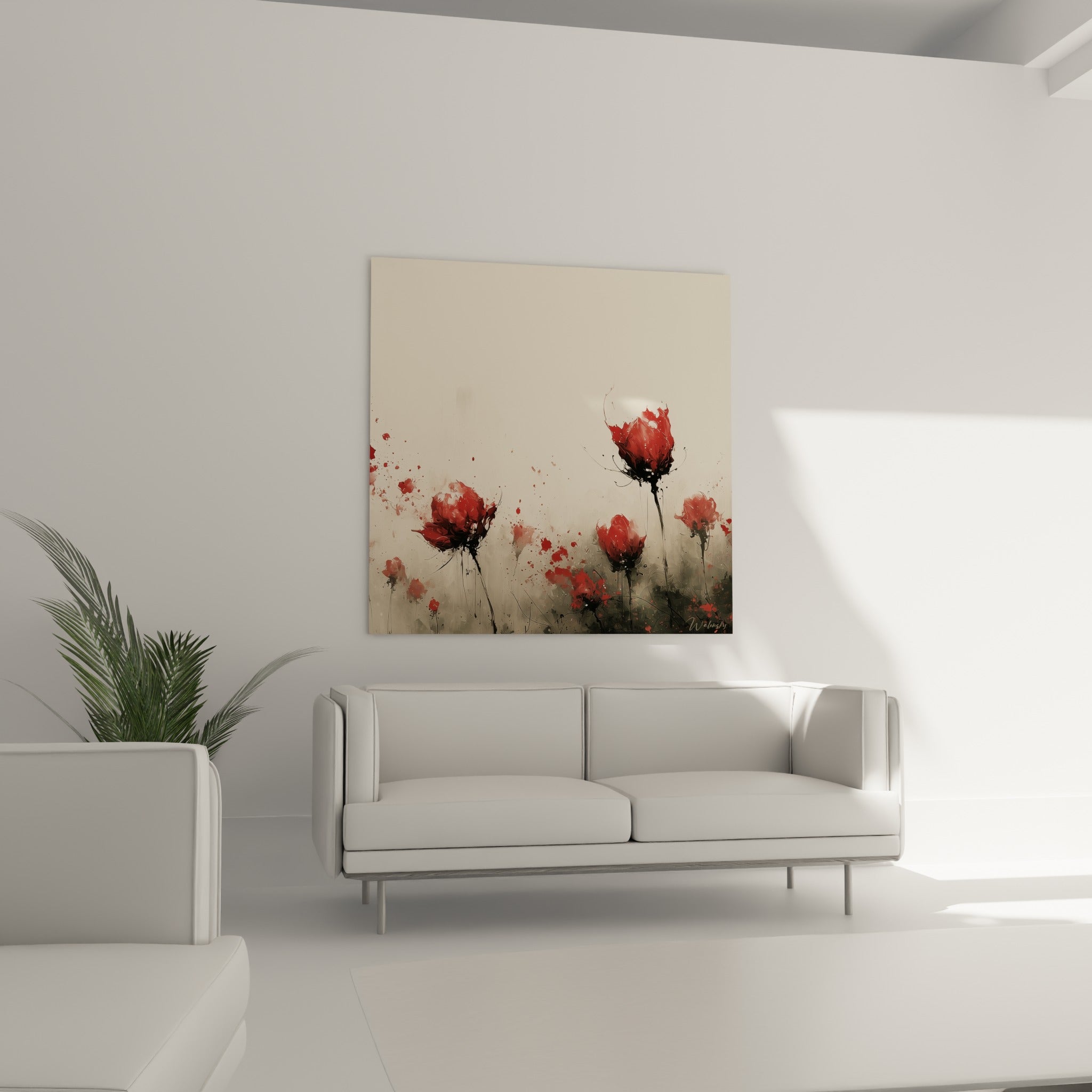 Tulipes écarlates aux coulures d'encre noire suspendues sur fond beige, au-dessus d'un canapé dans un salon lumineux