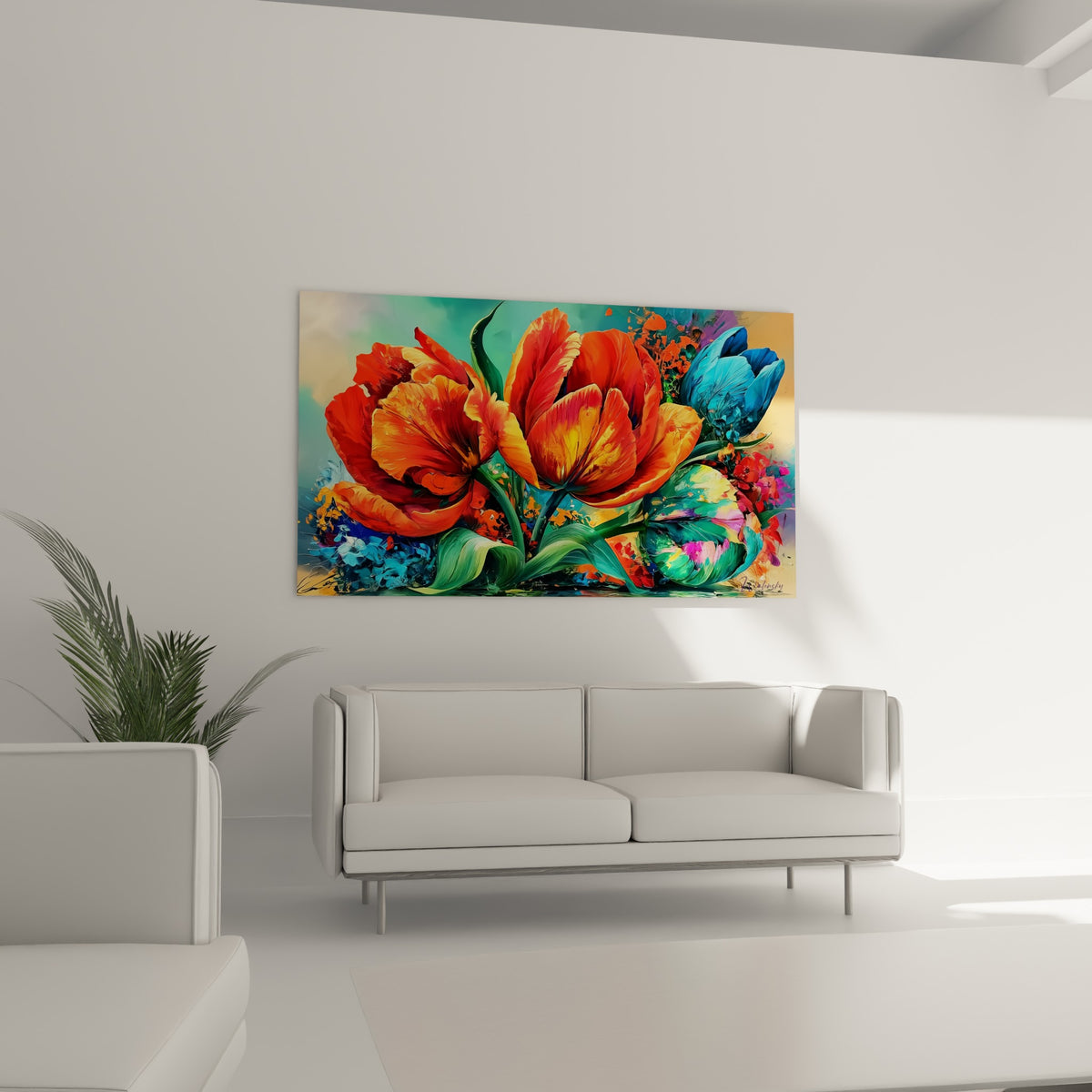 Pétales orange et bleu turquoise entrelacés de vert émeraude, accrochés au-dessus d'un canapé dans un salon lumineux