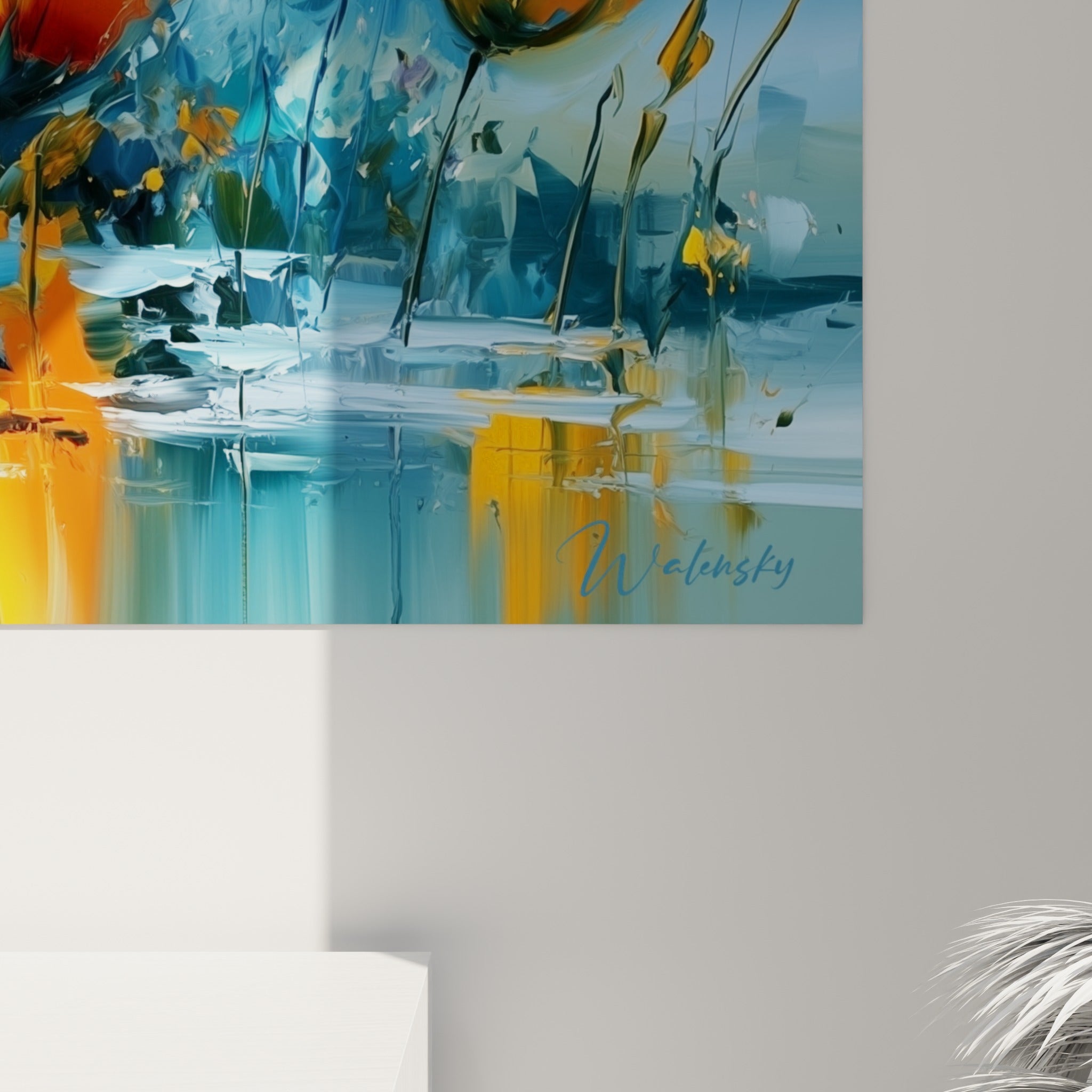Empâtements orange et jaune se mêlant aux coulures bleu turquoise sur la toile de près