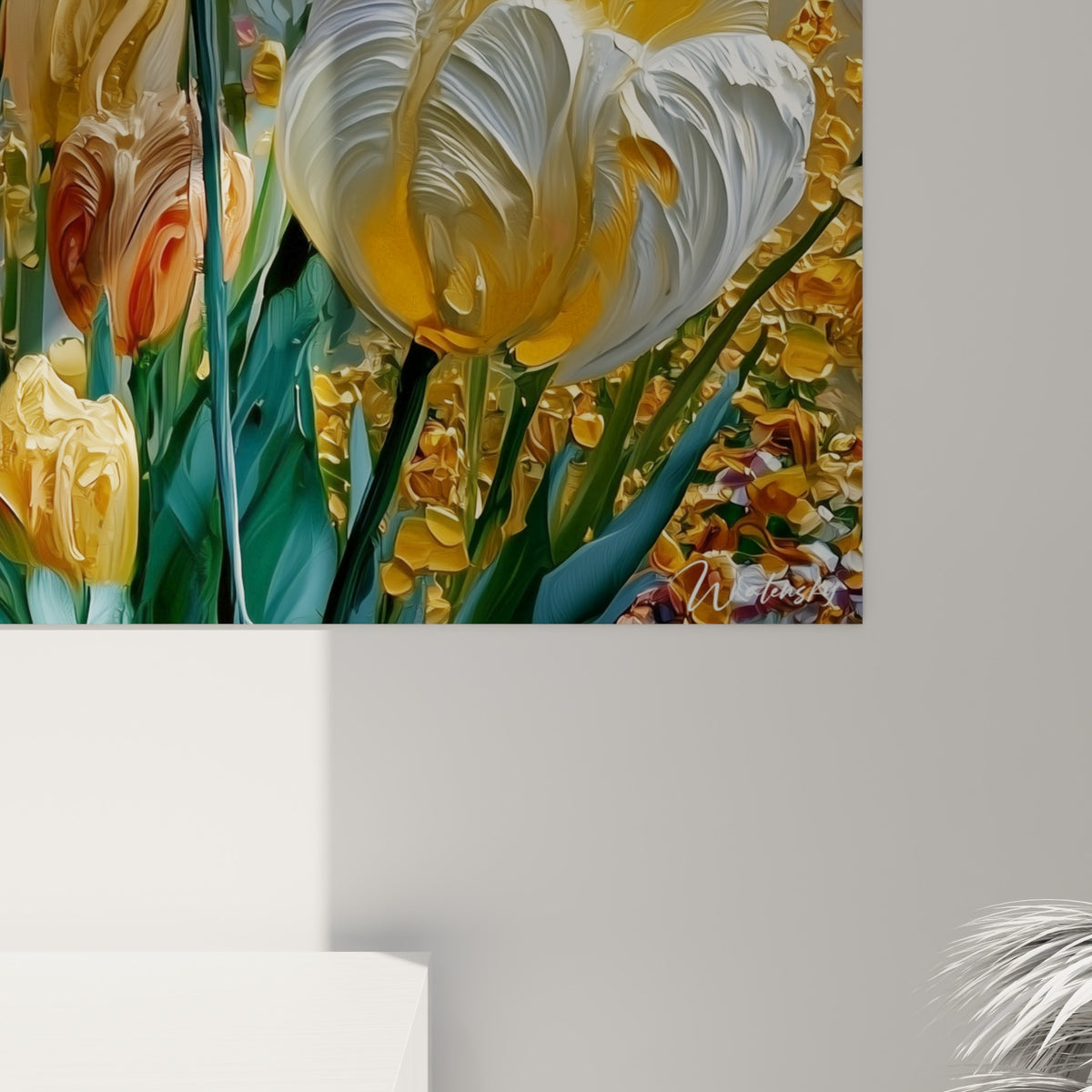 Empâtements épais révélant les nuances dorées et blanches des pétales de tulipes, matière peinte visible de près