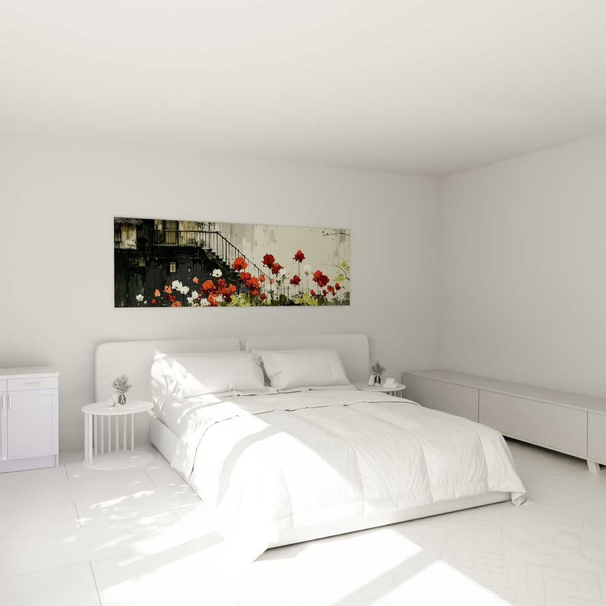 Tulipe rouge et blanche peinte au-dessus d'un lit dans une chambre claire et épurée
