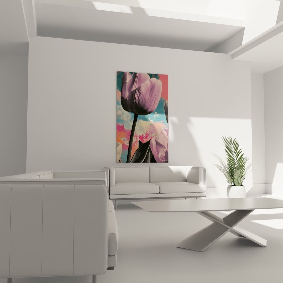 Fleur mauve et fond corail vibrant d'un tableau Tulipe au-dessus d'un canapé dans un salon lumineux