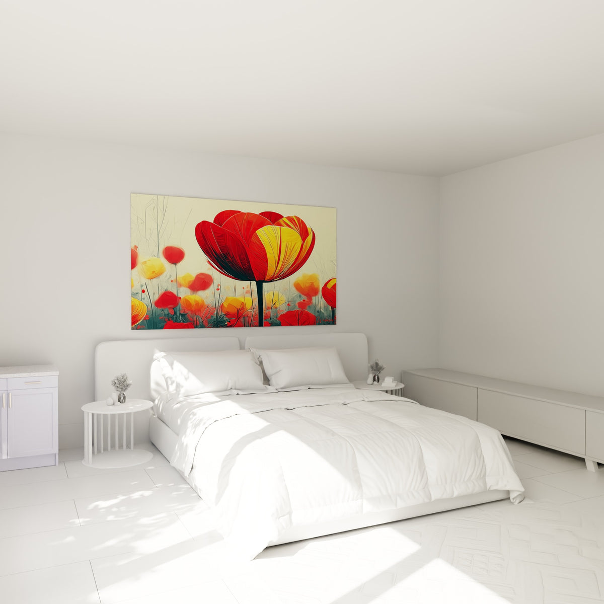 Fleur de tulipe rouge et orangée aux pétales amples, accrochée au-dessus d'un lit dans une chambre claire