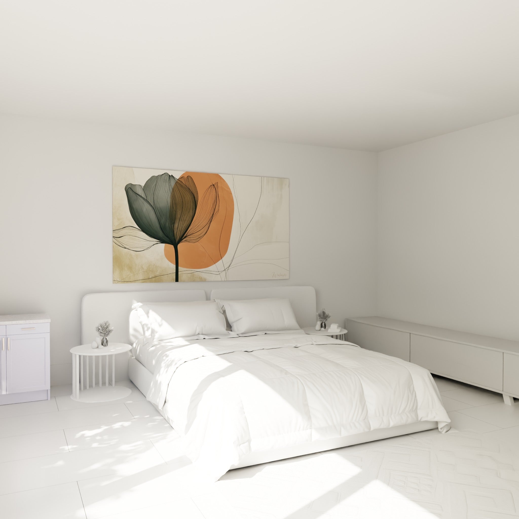 Fleur graphique anthracite et terracotta accrochée au-dessus d'un lit dans une chambre claire