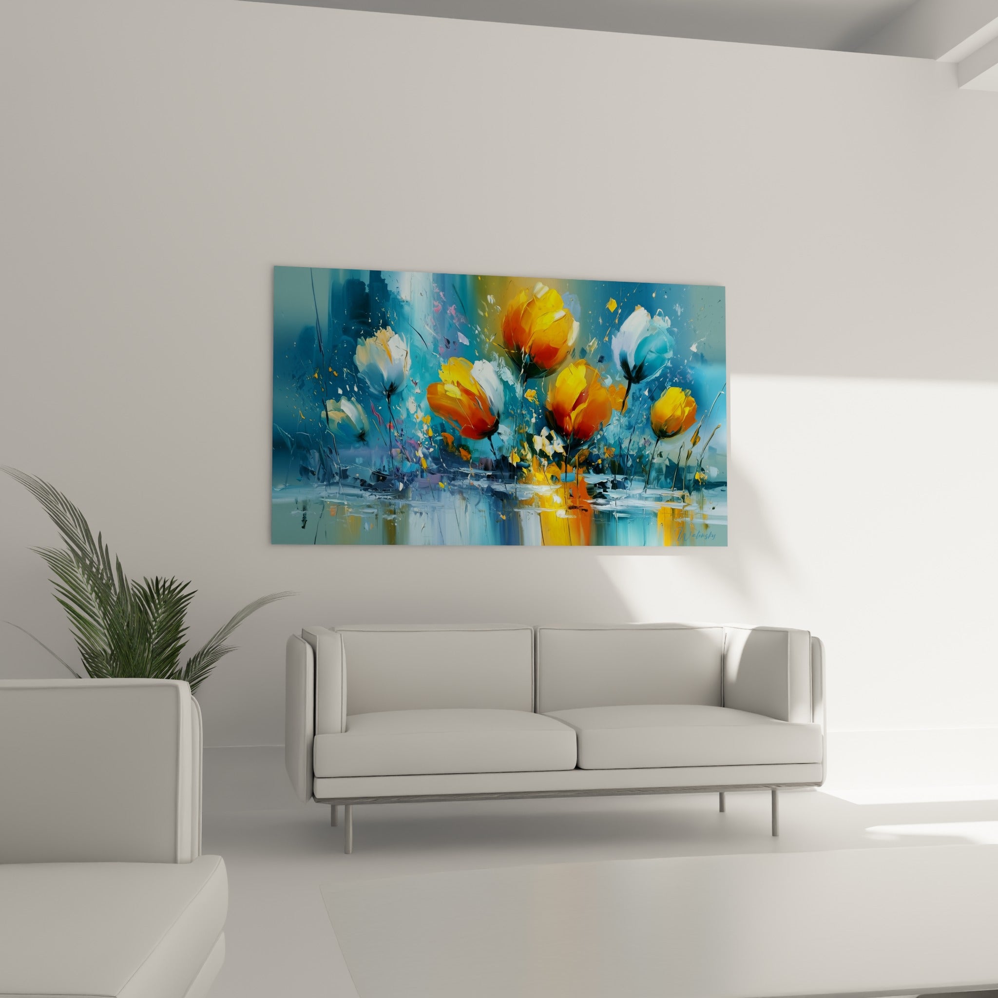 Fleurs de tulipe dorées et bleues suspendues au-dessus d'un canapé dans un salon lumineux