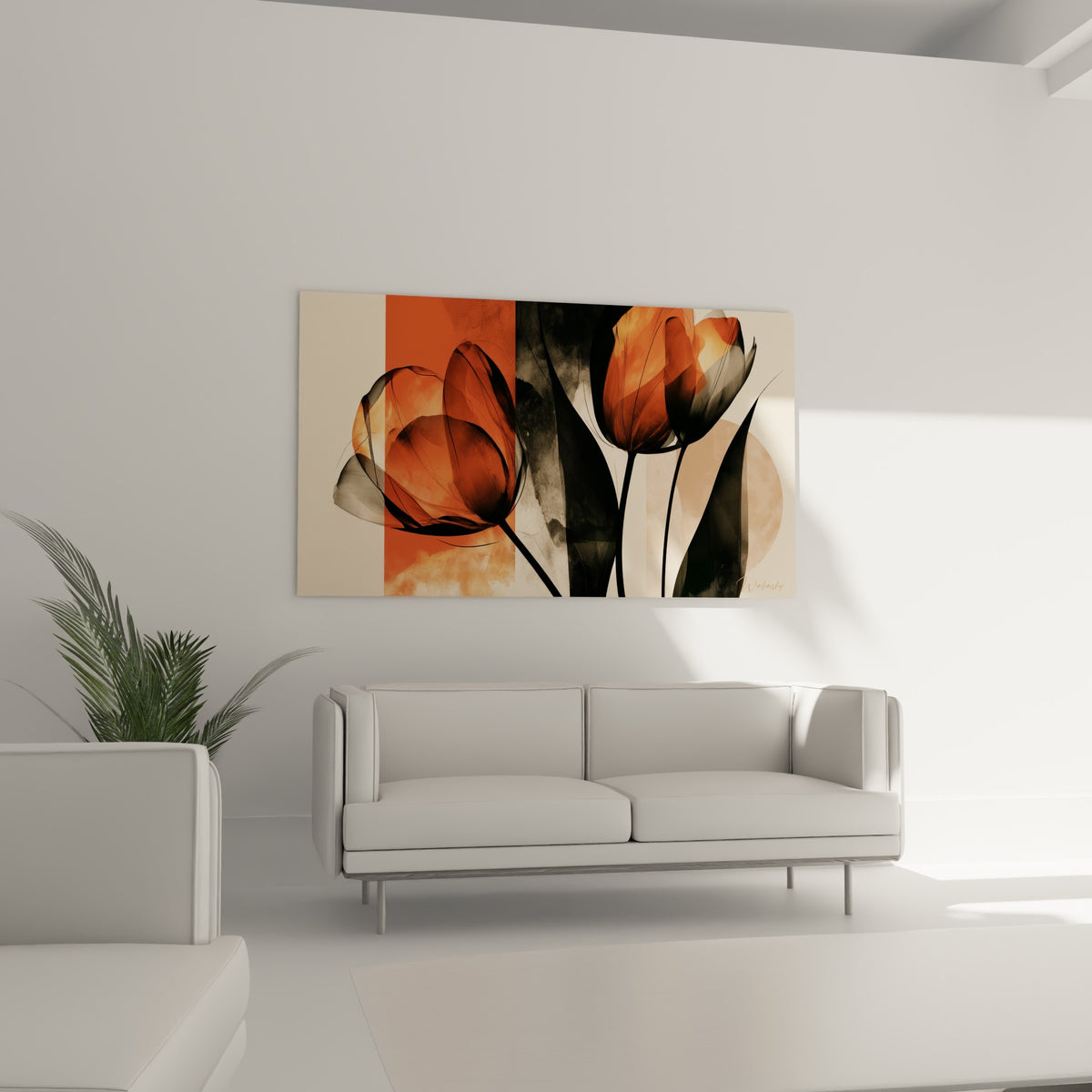 Fleurs terracotta et anthracite aux tiges fines accrochées au-dessus d'un canapé dans un salon lumineux