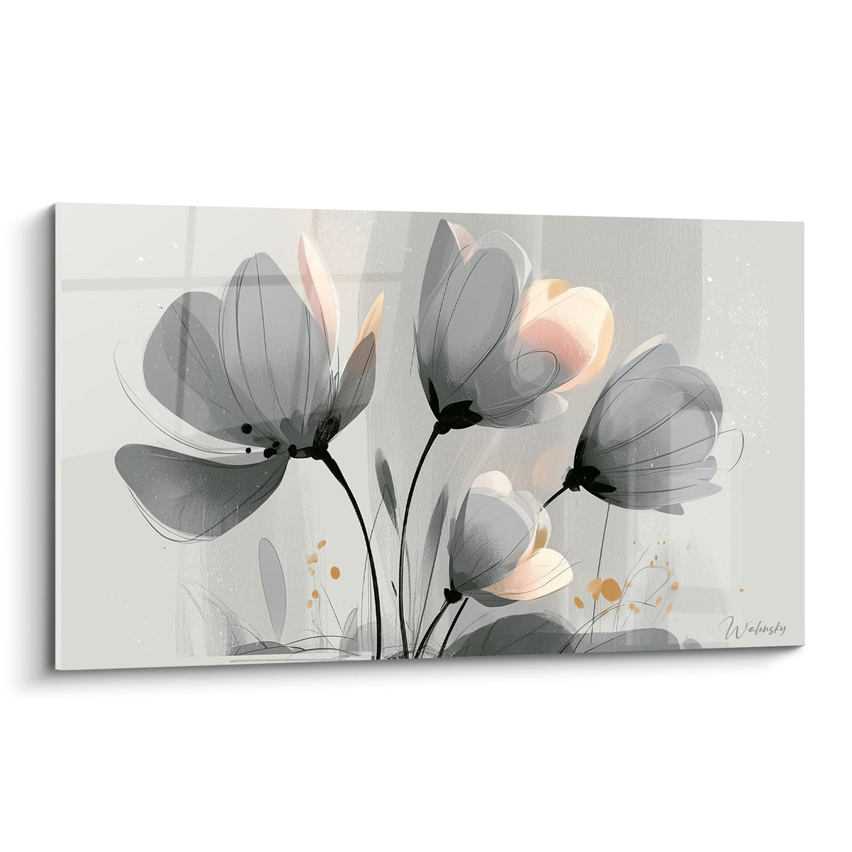 Tulipes grises et pêche translucides aux tiges noires graphiques sur fond gris perle texturé