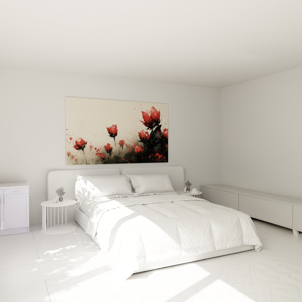 Fleurs de tulipe rouge et noir éclatées en encre, accrochées au-dessus d'un lit dans une chambre claire