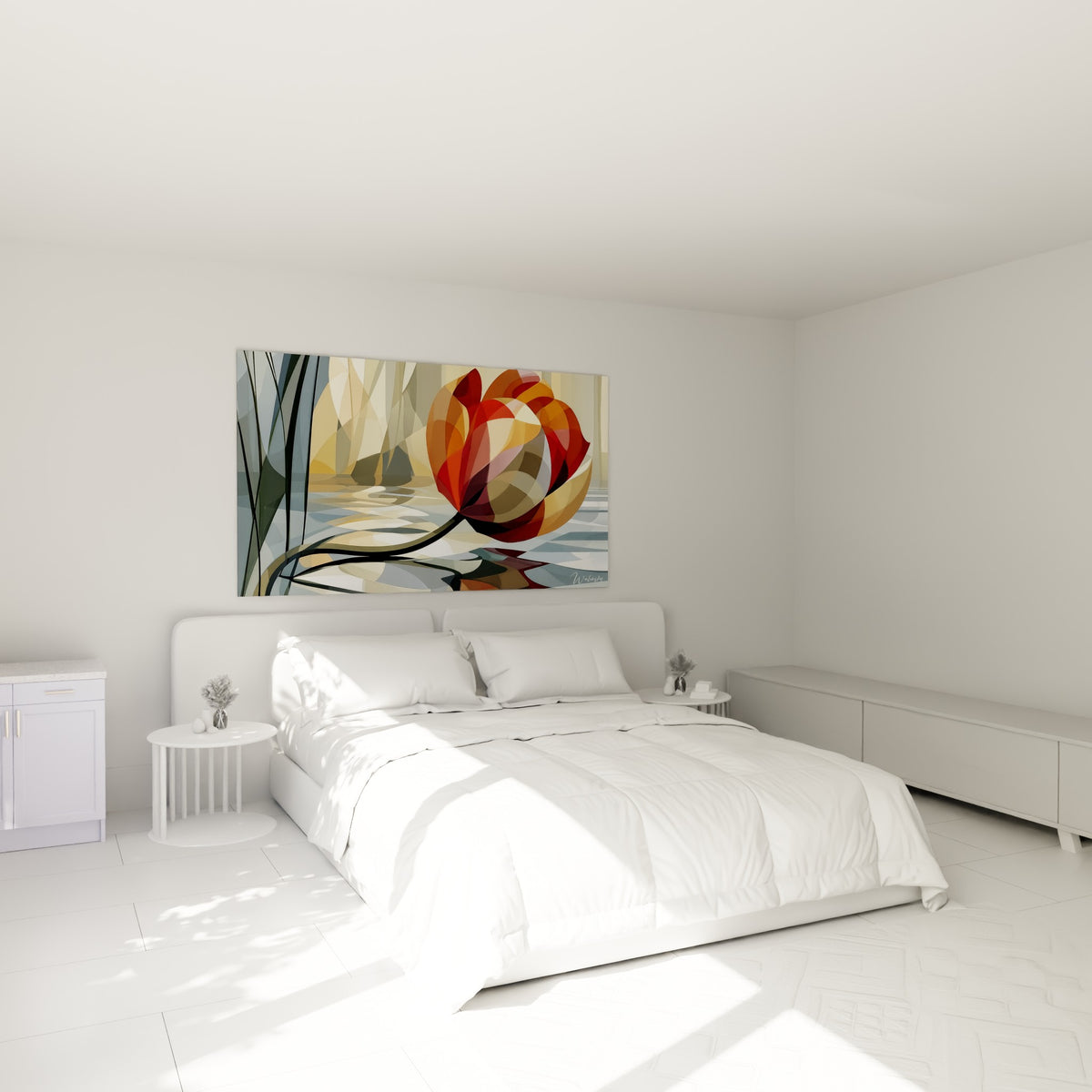Fleur stylisée en rouge cerise et beige sable, tableau tulipe accroché au-dessus d'un lit dans une chambre claire