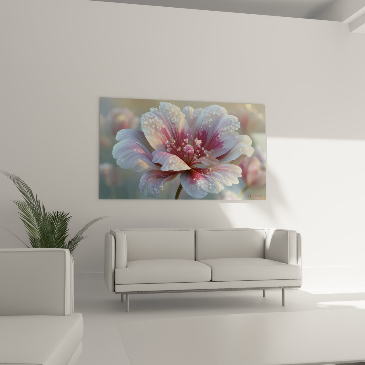 Corolle rose et blanche ornée de perles d'eau scintillantes, suspendue au-dessus d'un canapé dans un salon lumineux