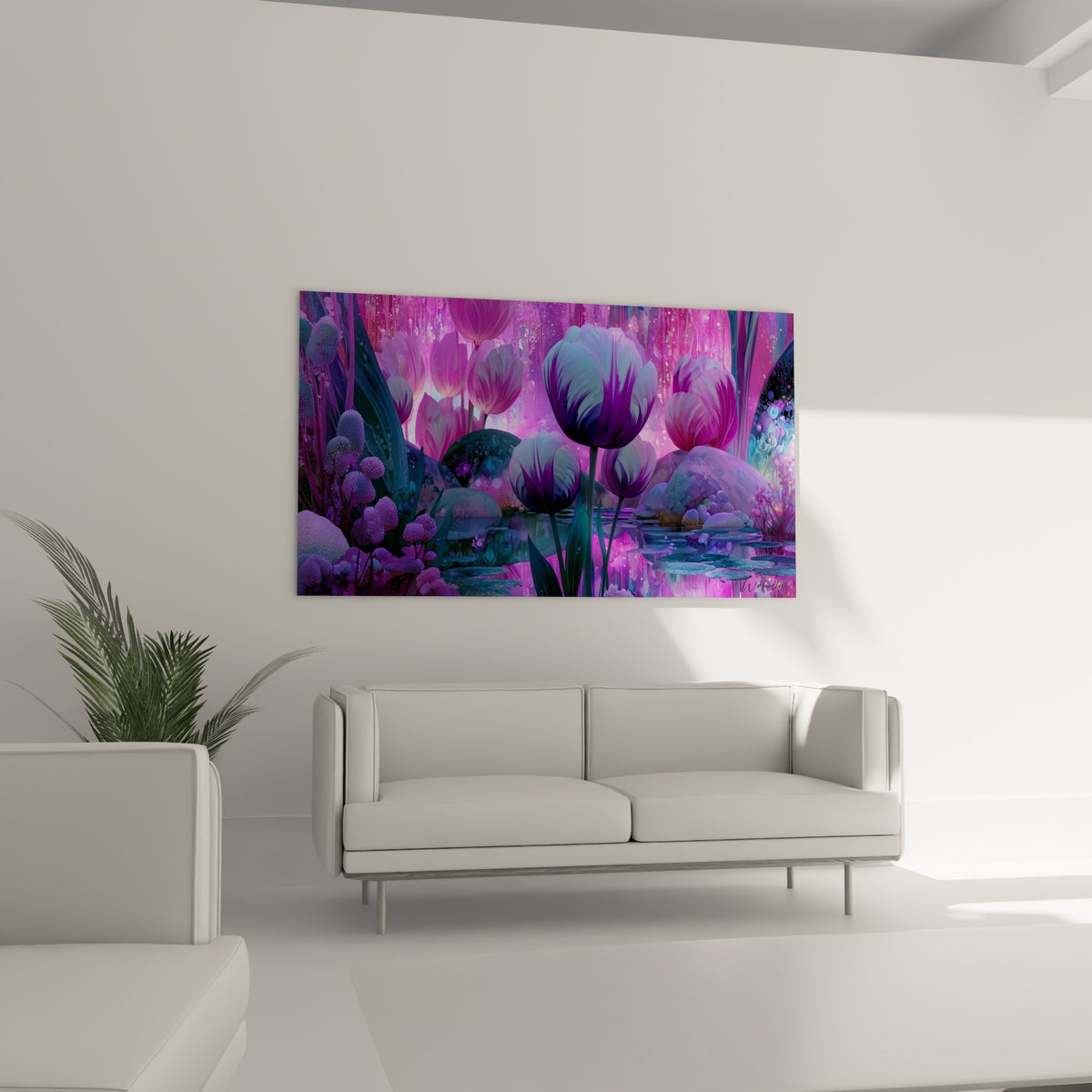 Corolles fuchsia et violettes entourées de rochers polis au-dessus d'un canapé dans un salon lumineux
