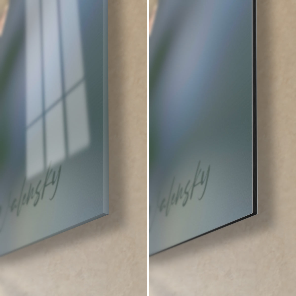 Wall art ivory and golden bloom, bottom right corner: glossy acrylic glass on the left, matte Dibond aluminium on the right, 3 mm edge
