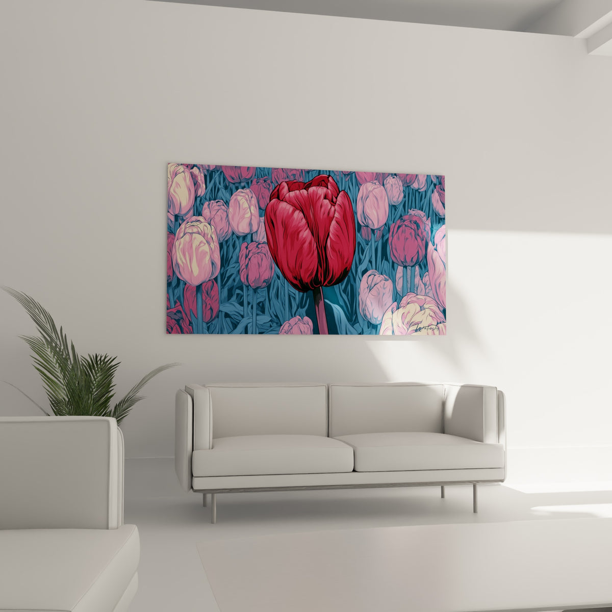 Champ de tulipes roses et rouge bordeaux disposé au-dessus d'un canapé dans un salon lumineux