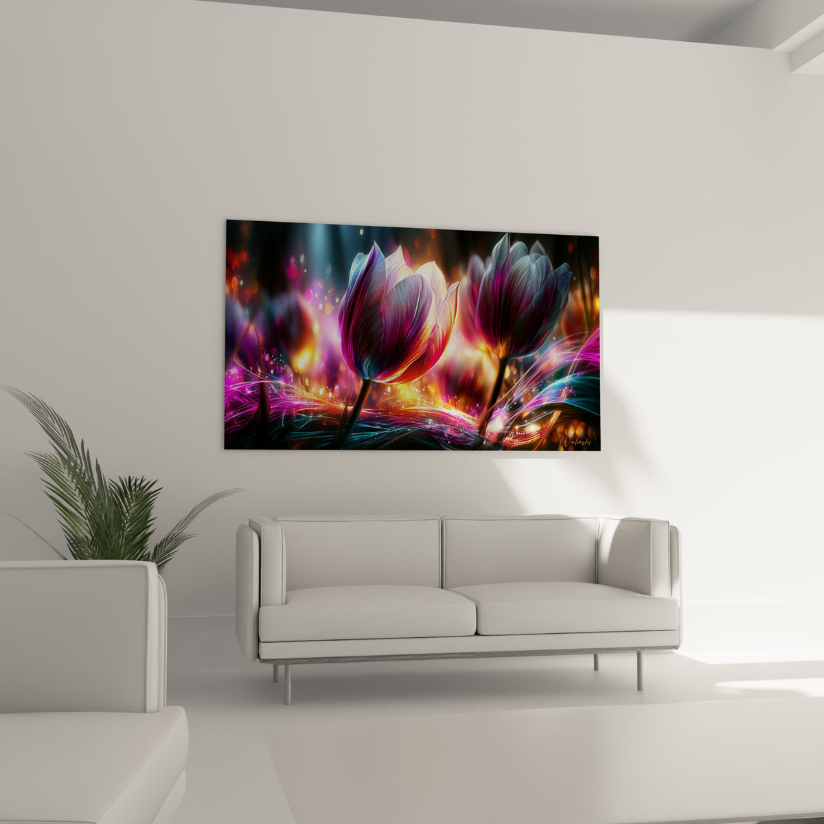 Fleurs violettes baignées de lumière dorée et turquoise disposées au-dessus d'un canapé dans un salon lumineux
