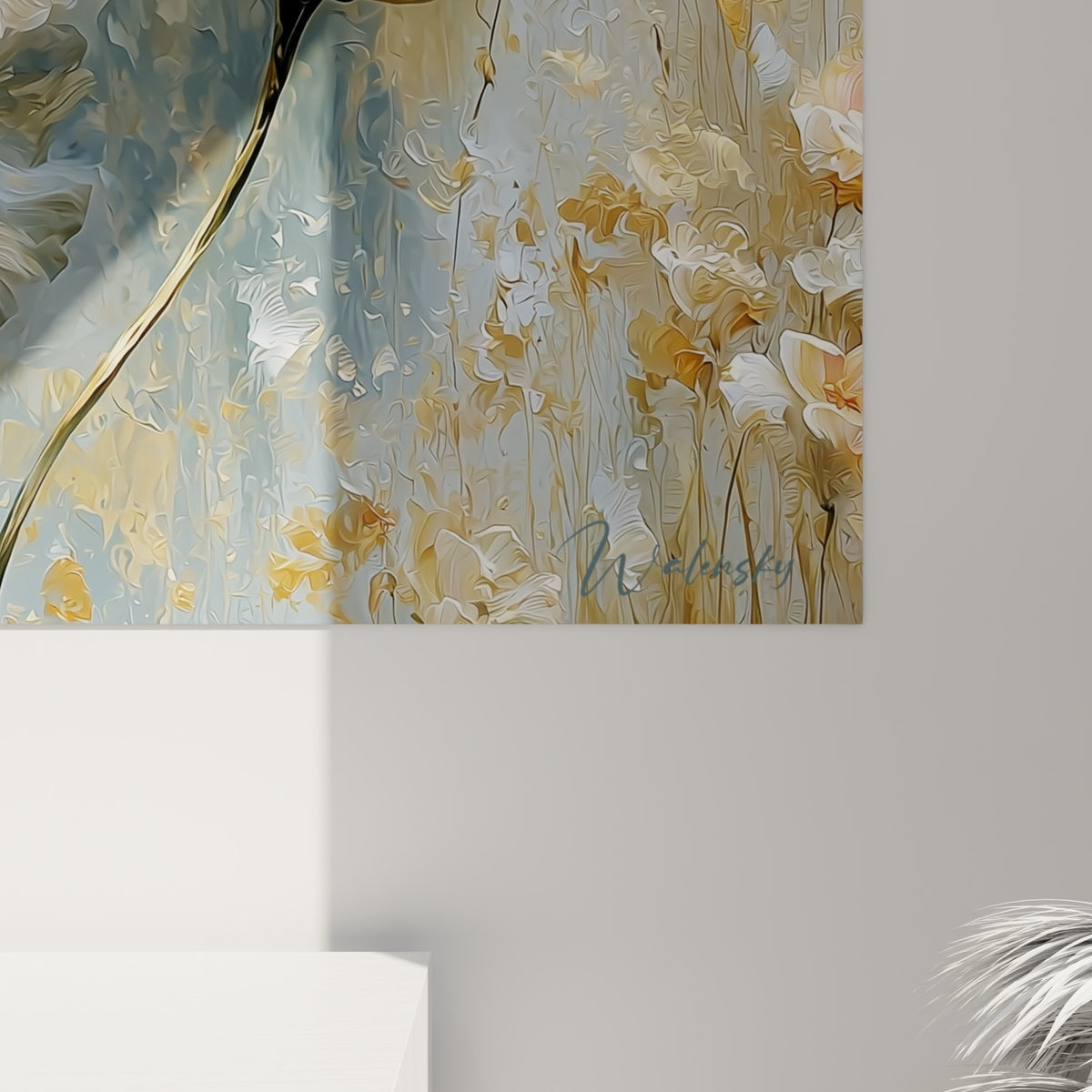 Empâtements dorés et coulures bleu gris révélant la matière peinte des pétales de tulipe blancs