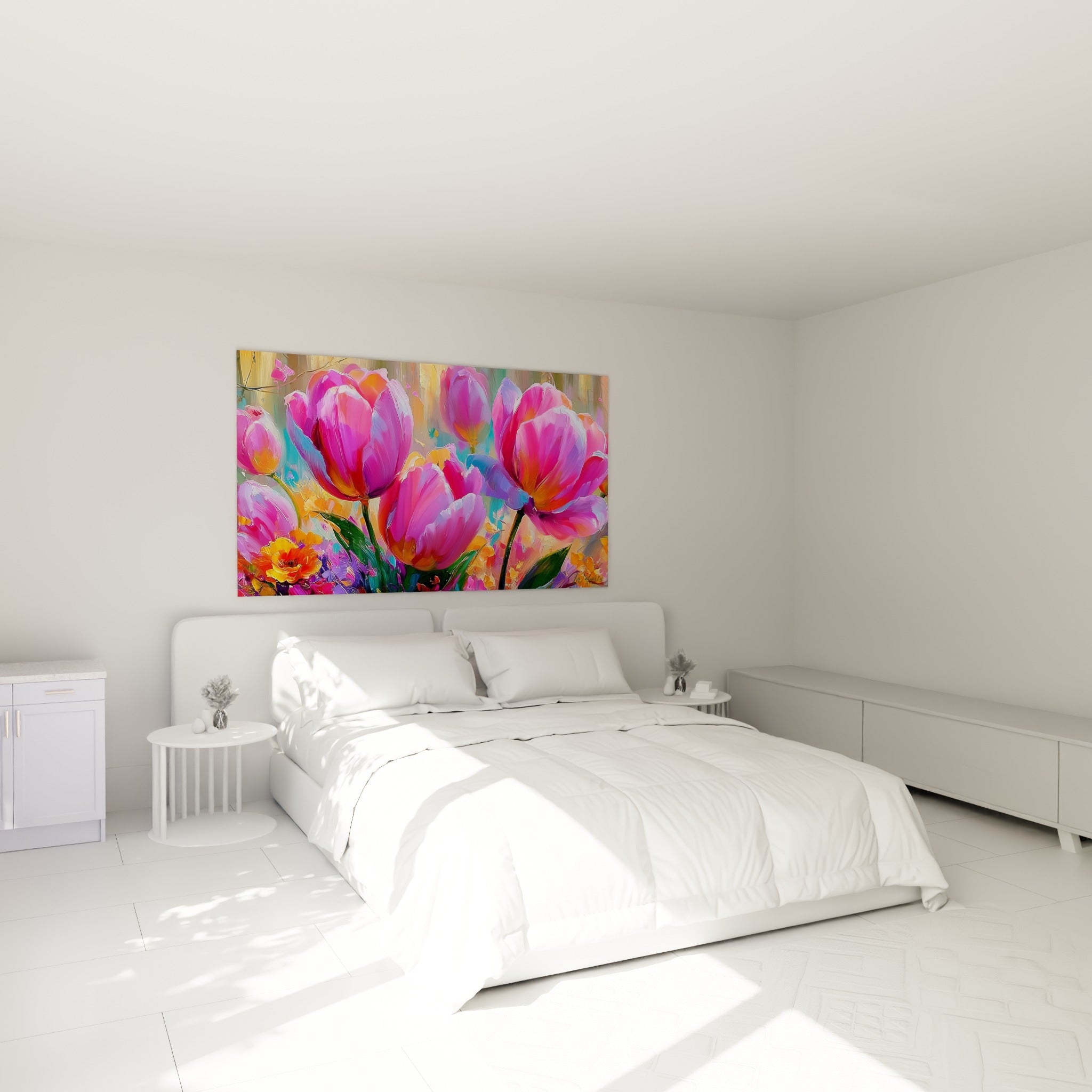 Bouquet de tulipes fuchsia et mauves peint en relief, accroché au-dessus d'un lit dans une chambre claire