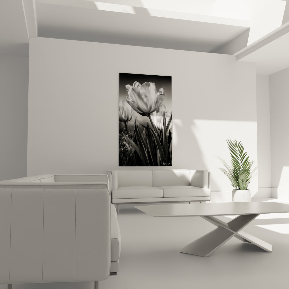 Fleur de tulipe en noir et blanc surplombant un canapé dans un salon lumineux et épuré