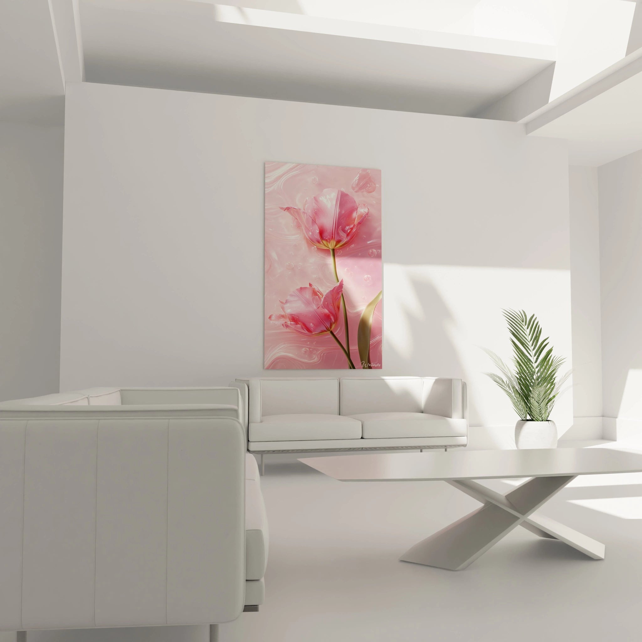 Un tableau Tulipe nature illustrant deux tulipes aux teintes roses et or rose, avec un effet de surface liquide et des reflets lumineux sur fond rosé, créant une impression de transparence subtile.