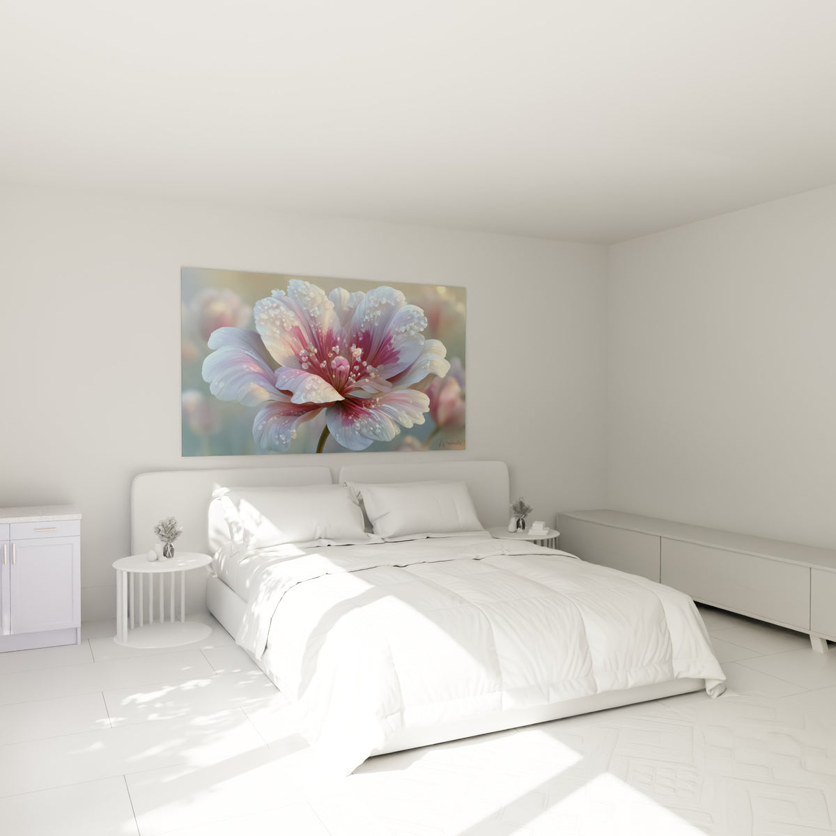 Pétales nacrés et fuchsia perlés de rosée de cette tulipe, accrochée au-dessus d'un lit dans une chambre claire