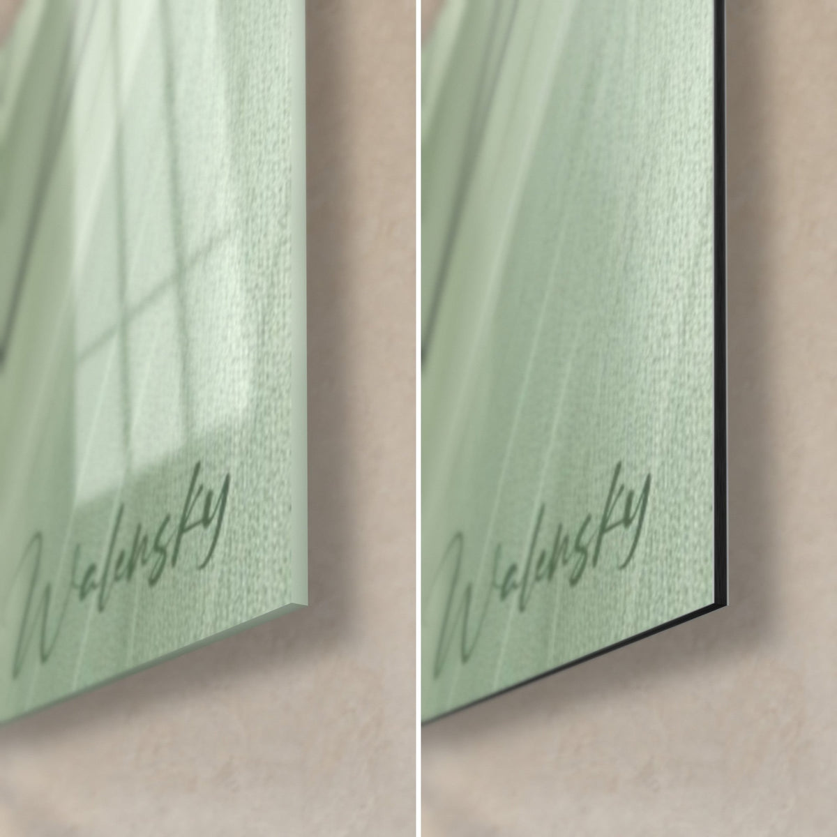 Wall art of a sage green plant bud, bottom right corner in glossy glass and matte Dibond aluminum, Walensky signature, 3 mm thickness