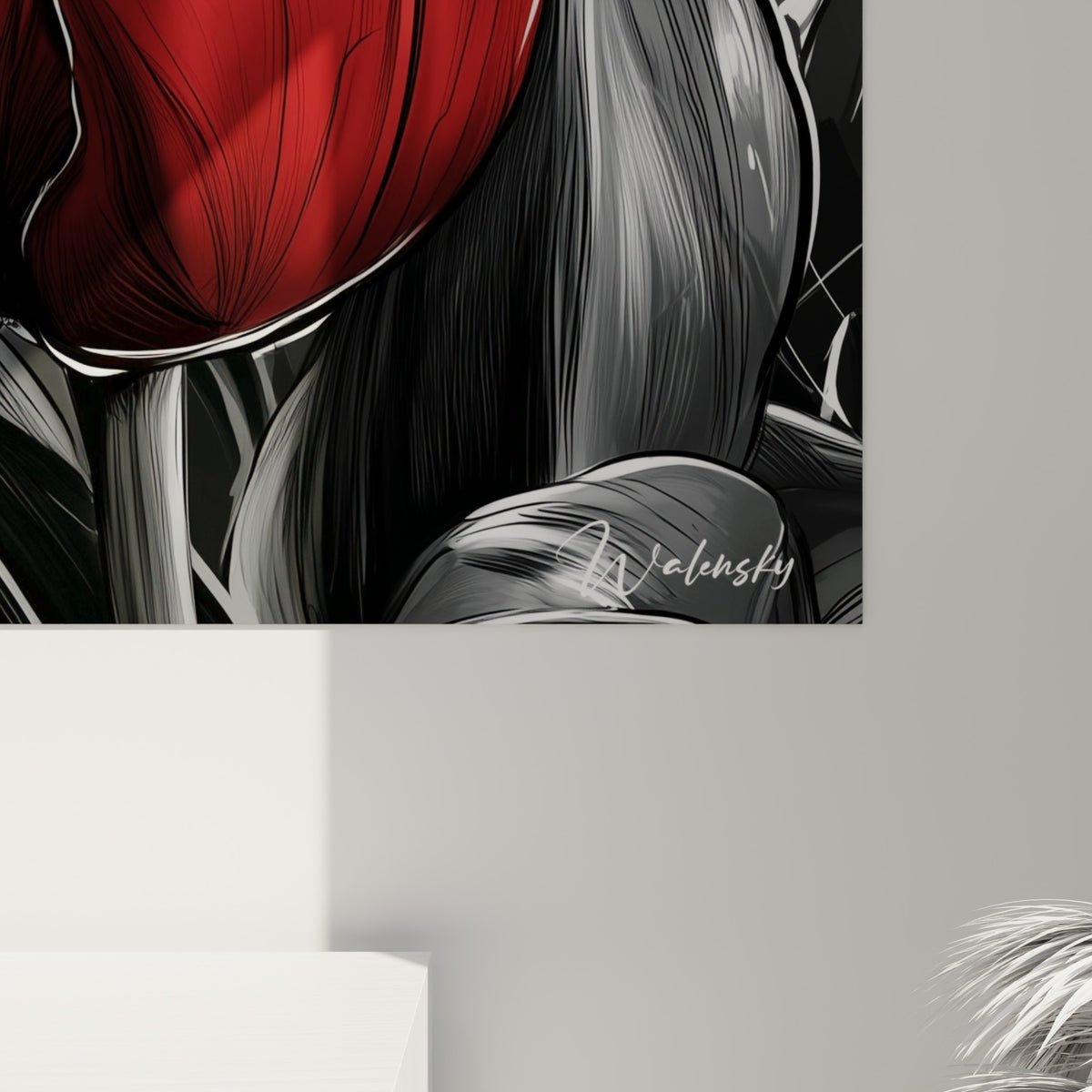 Gros plan sur les nervures encrées des tulipes rouges, reflets lumineux glissant sur la surface anthracite.
