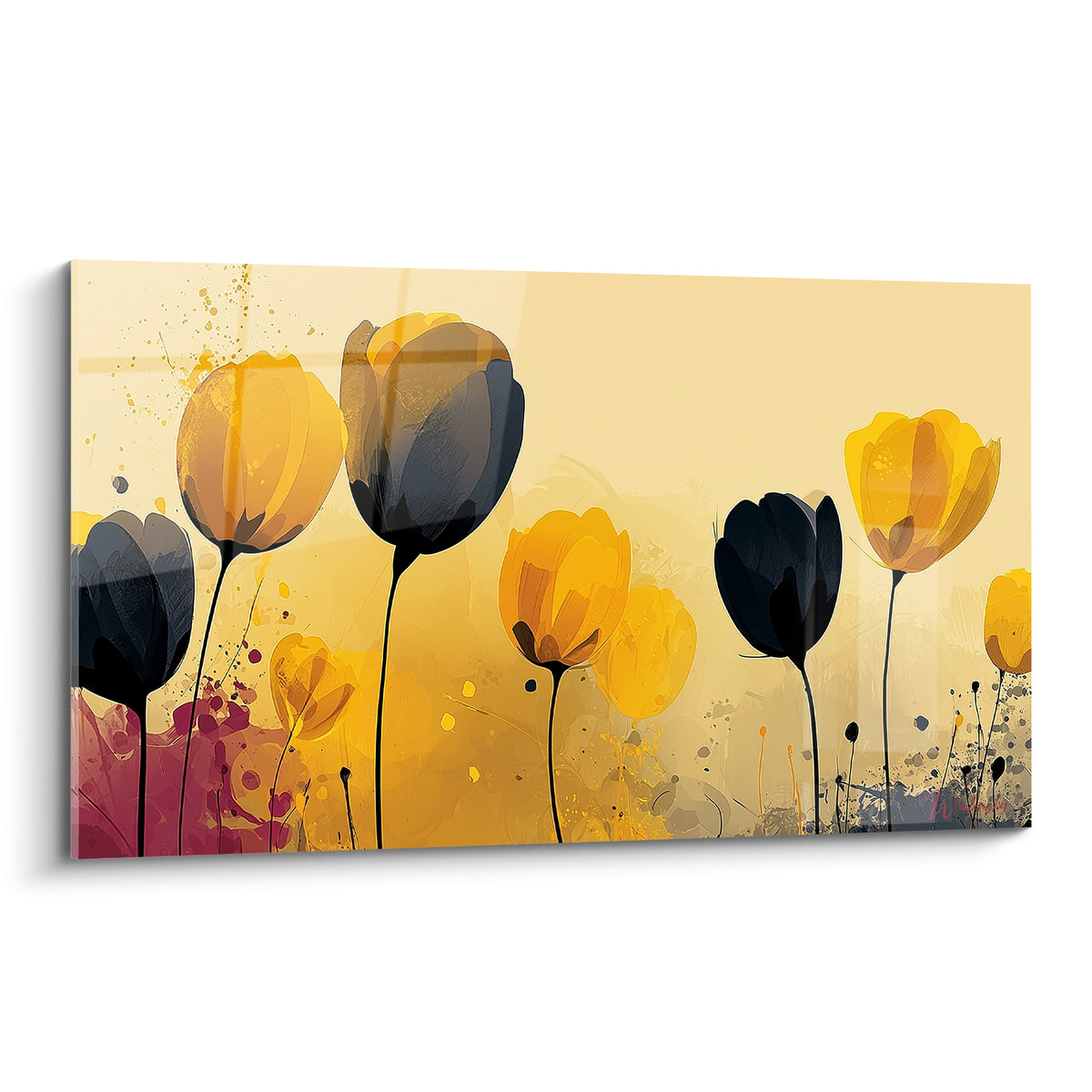 Tulipes ocre et anthracite en éclosion graphique sur fond jaune dégradé et éclaboussures picturales