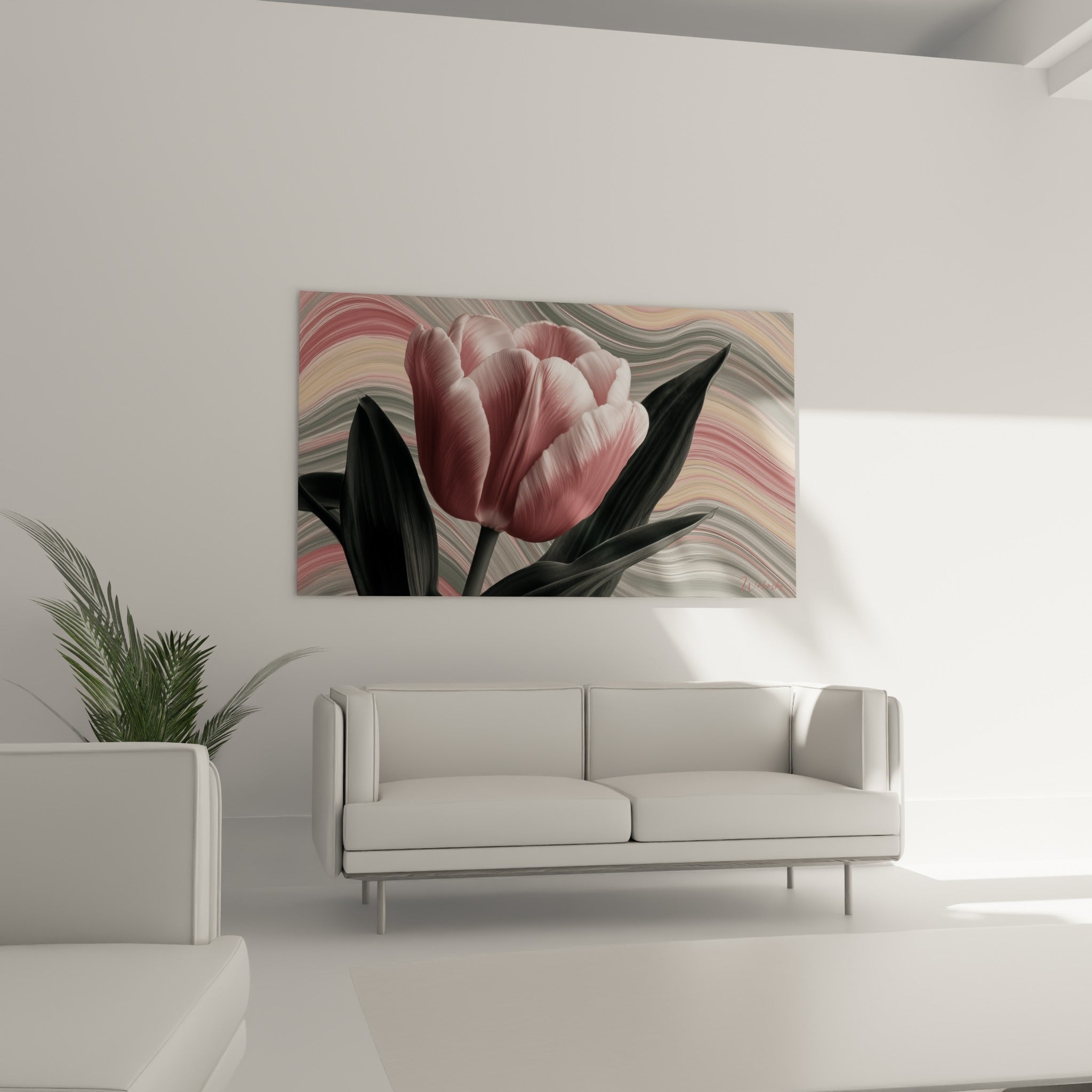 Fleur rose et anthracite de la Tulipe suspendue au-dessus d'un canapé dans un salon lumineux