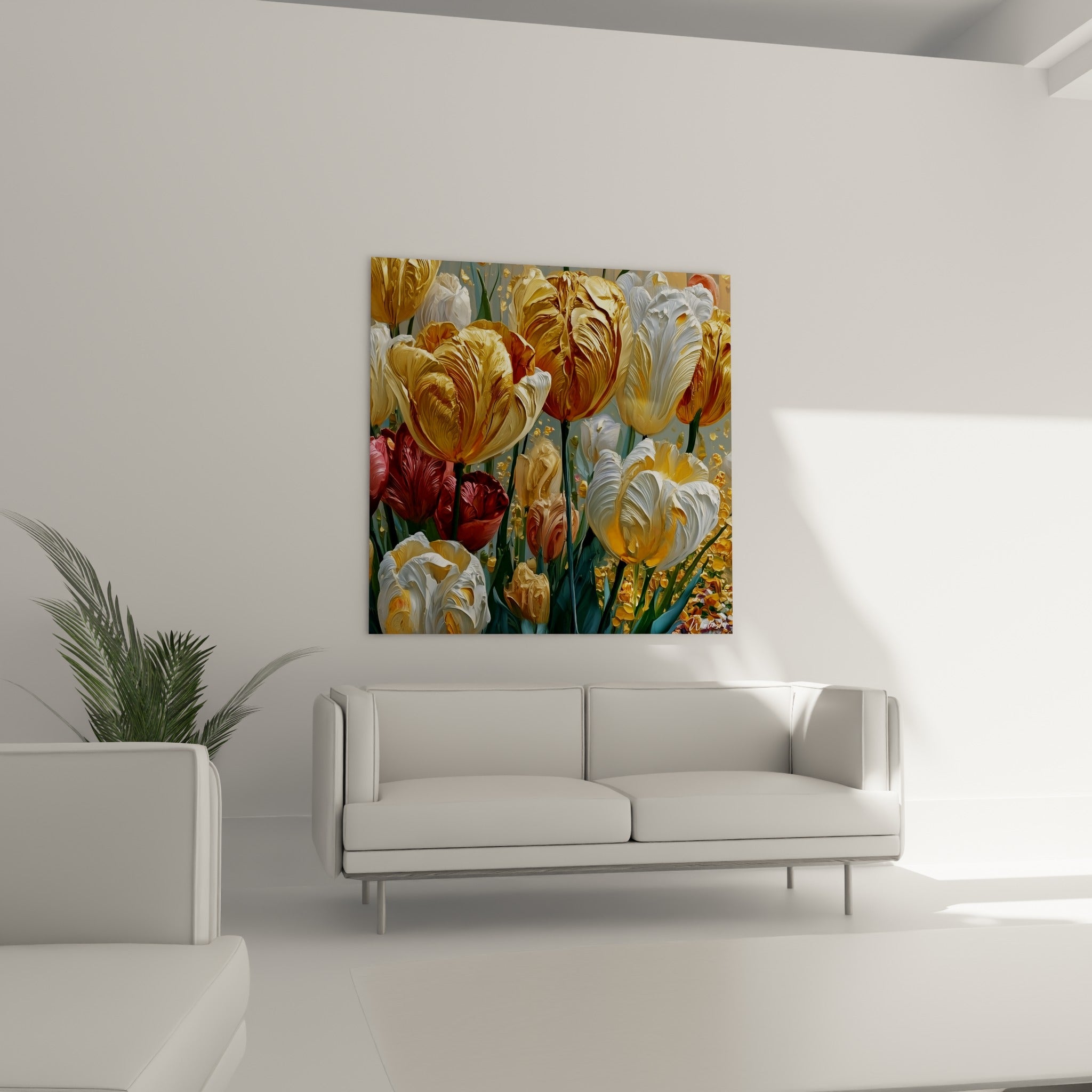 Fleurs de tulipes ocre et rouge profond aux reliefs marqués, positionnées au-dessus d'un canapé dans un salon lumineux