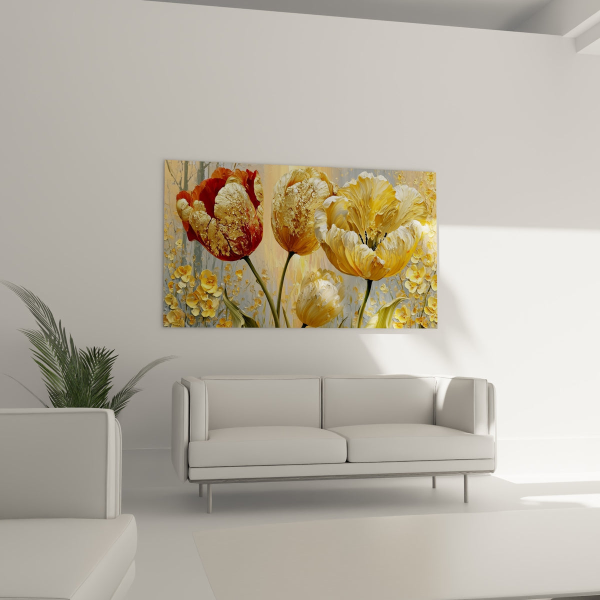 Tulipes ocre et rouge marbrées d'or accrochées au-dessus d'un canapé dans un salon lumineux