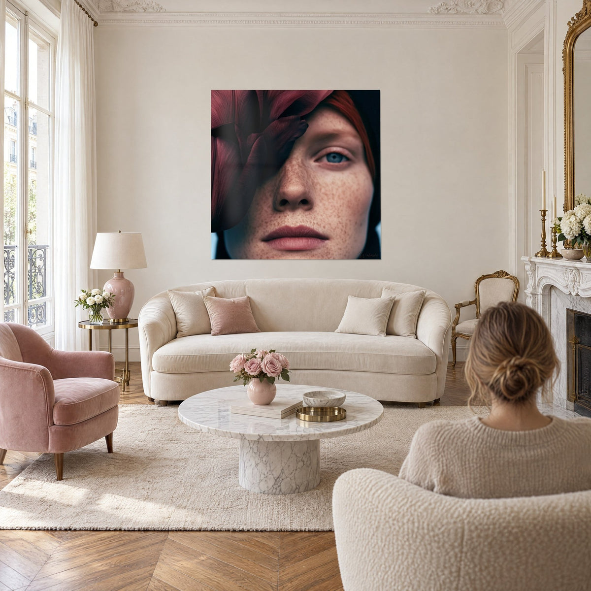 Tableau visage roux sous un pétale de tulipe bordeaux, œil bleu voilé, joues tachetées, au-dessus d'un canapé dans un salon lumineux