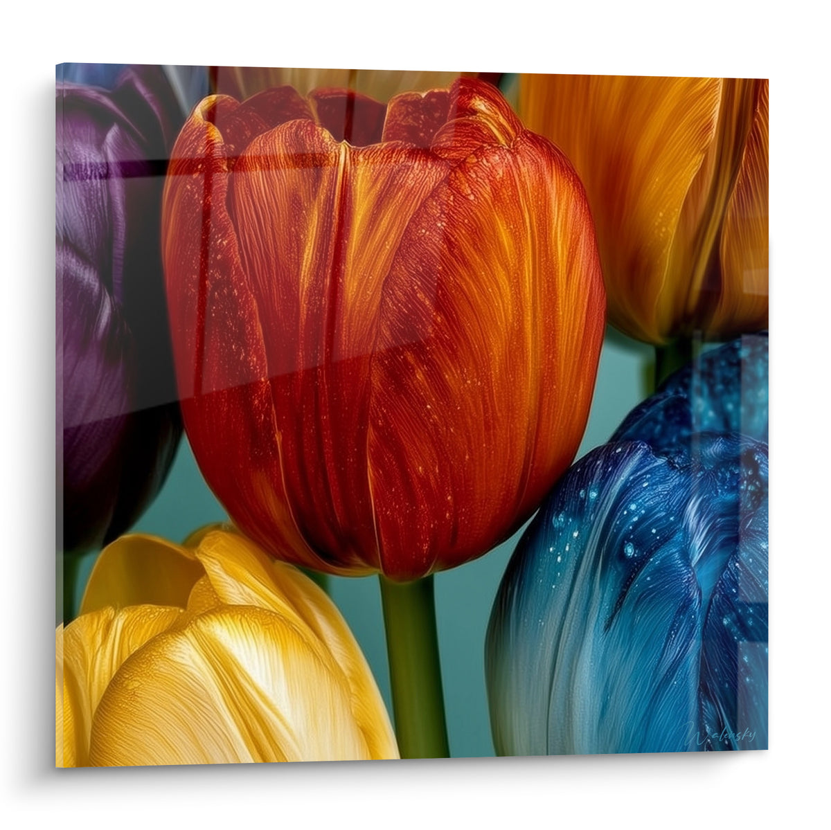 Tulipes orange, jaune et bleu marine aux pétales veinés serrés sur fond bleu pétrole