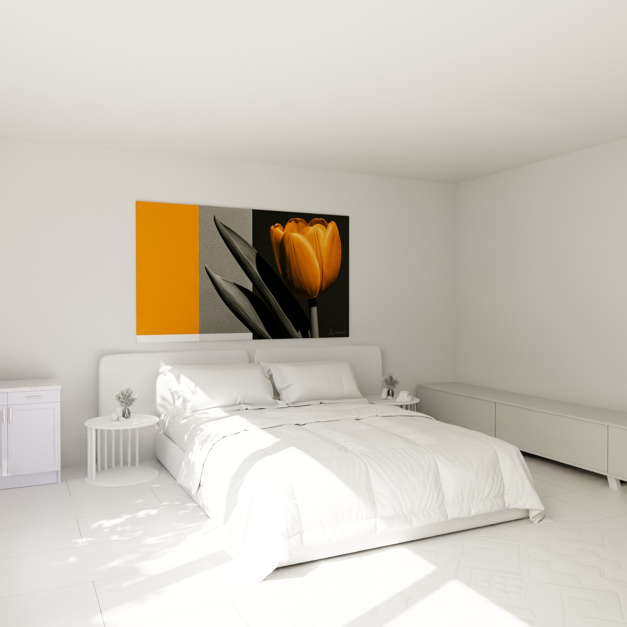 Pétales orange vif d'une tulipe accrochés au-dessus d'un lit dans une chambre claire