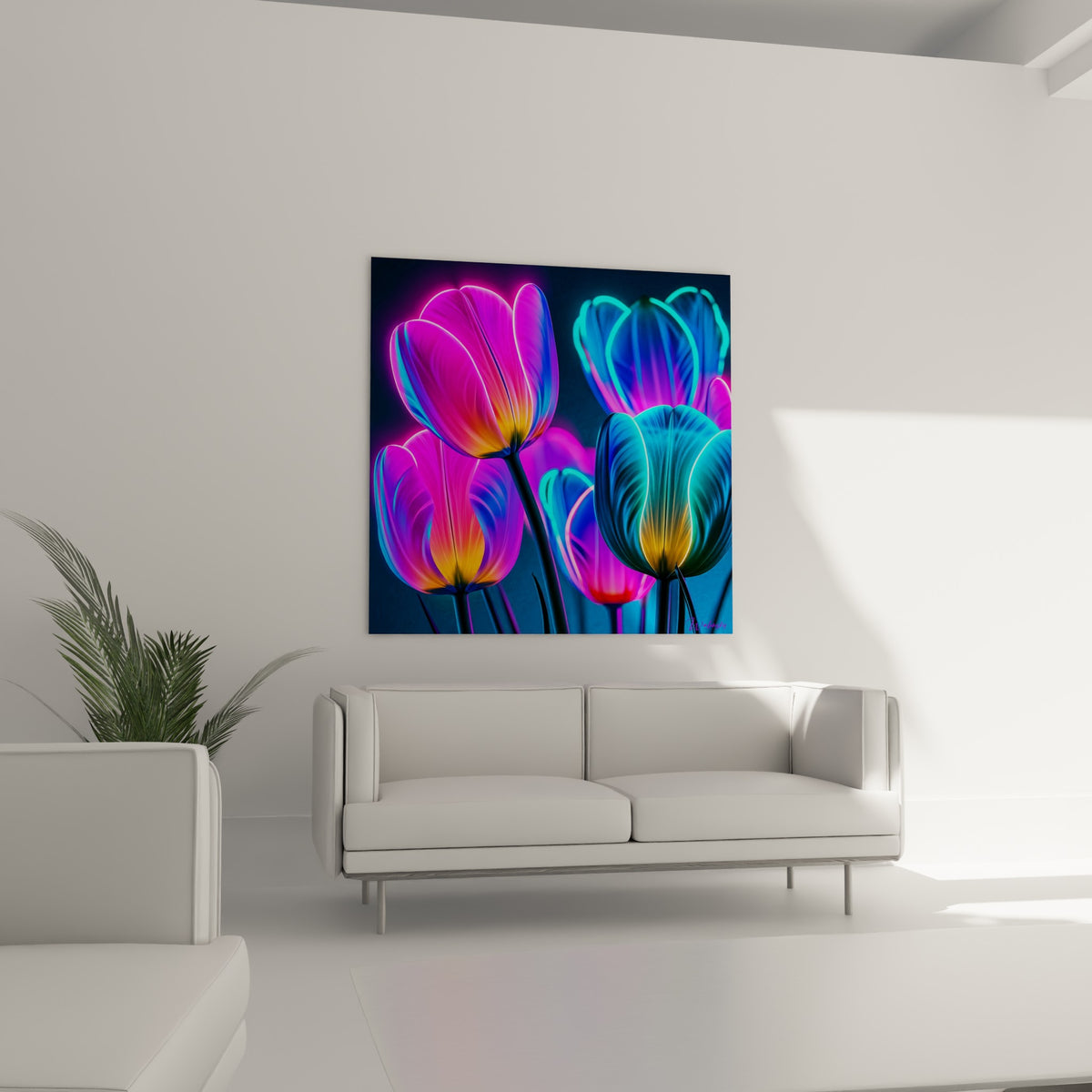 Pétales orange doré et turquoise vibrant sur fond sombre au-dessus d'un canapé dans un salon lumineux