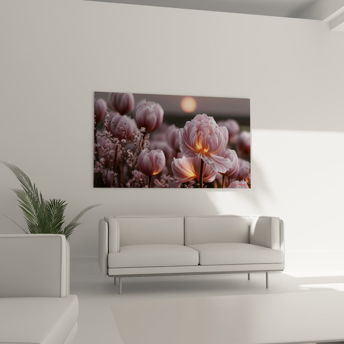 Tulipe rose et orangée aux pétales lumineux au-dessus d'un canapé dans un salon lumineux