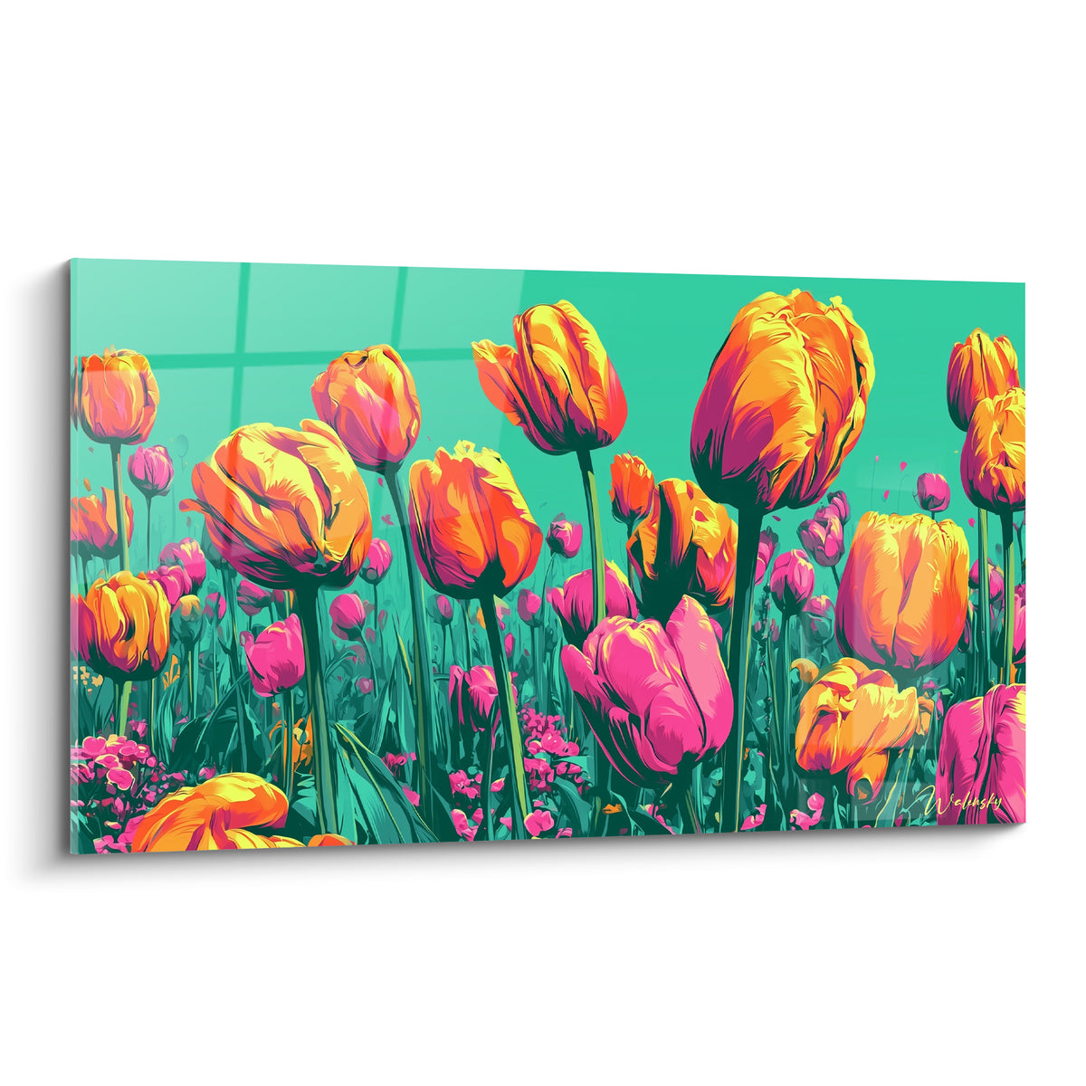 Tulipes orange et roses dressées sur fond turquoise, style graphique vectoriel aux traits marqués