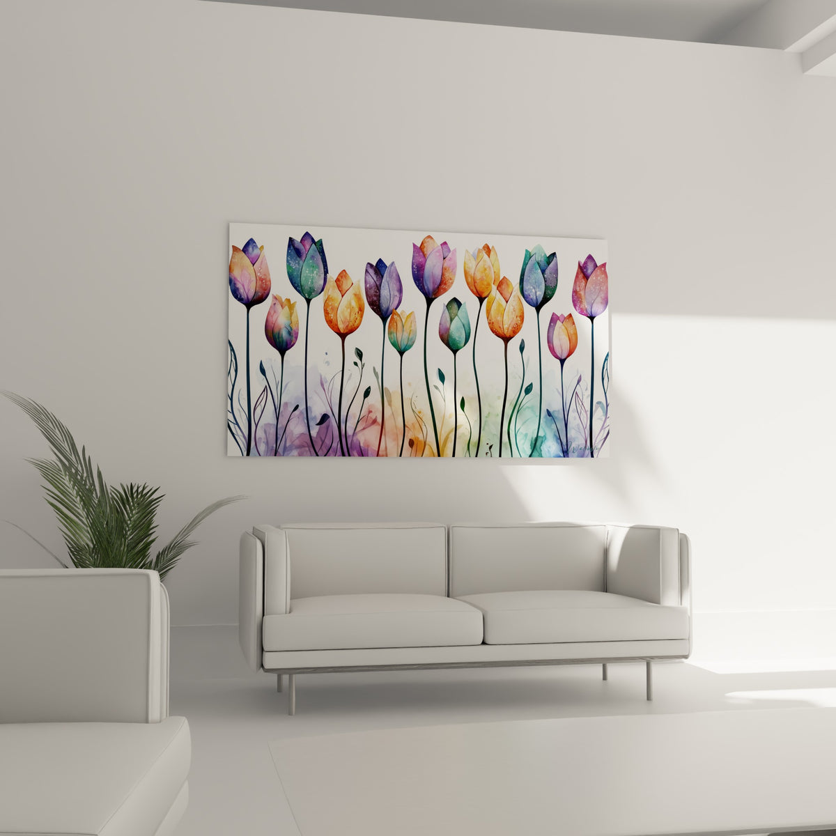 Bouquet de tulipes orange et violet peint en aquarelle au-dessus d'un canapé dans un salon lumineux