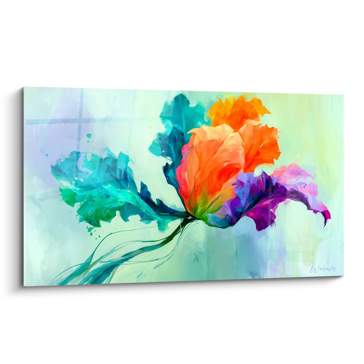 Tulipe orange et violette aux feuilles turquoise sur fond pastel vert d'eau, style aquarelle vibrant