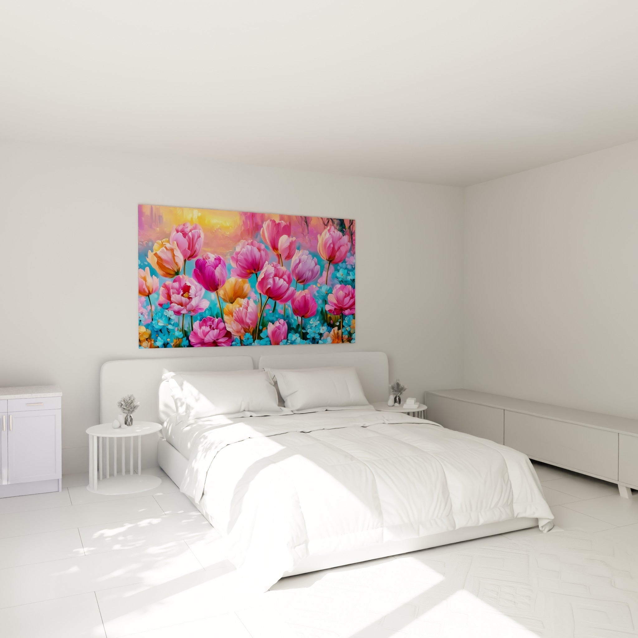 Bouquet de tulipes roses et pêche accroché au-dessus d'un lit dans une chambre claire
