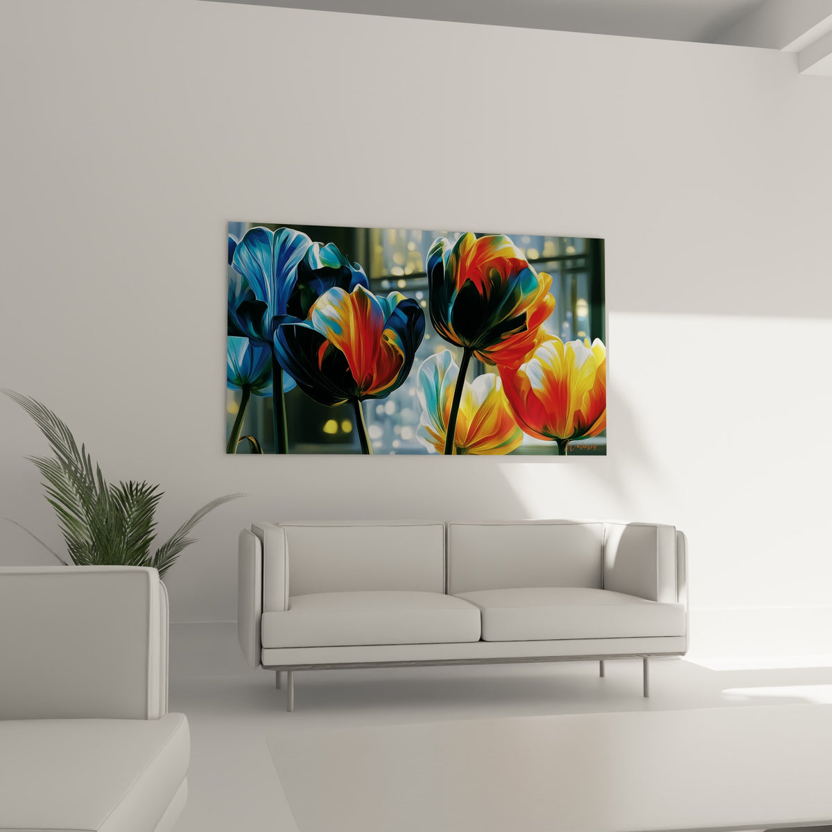 Corolles bleu pastel et orangé vibrantes au-dessus d'un canapé dans un salon lumineux