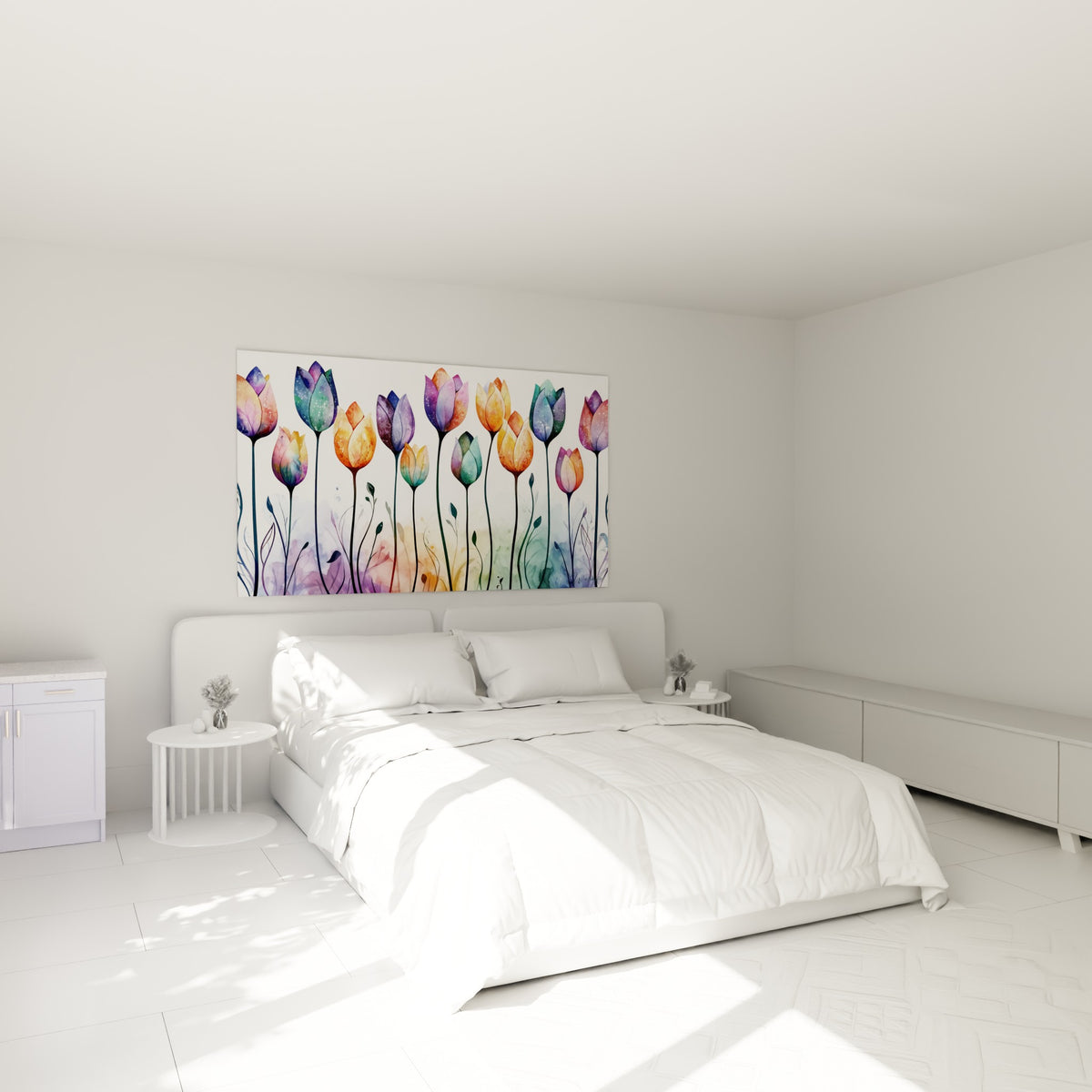Tulipes pastel violet et turquoise déployées au-dessus d'un lit dans une chambre claire