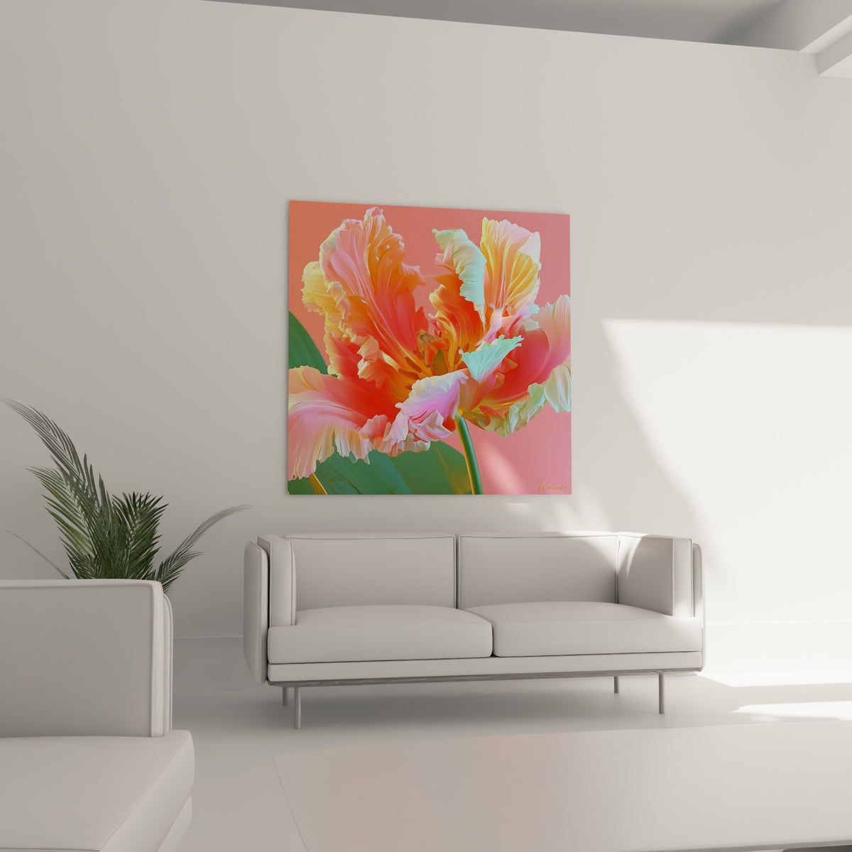Fleur exotique corail et orangée de la Tulipe, au-dessus d'un canapé dans un salon lumineux