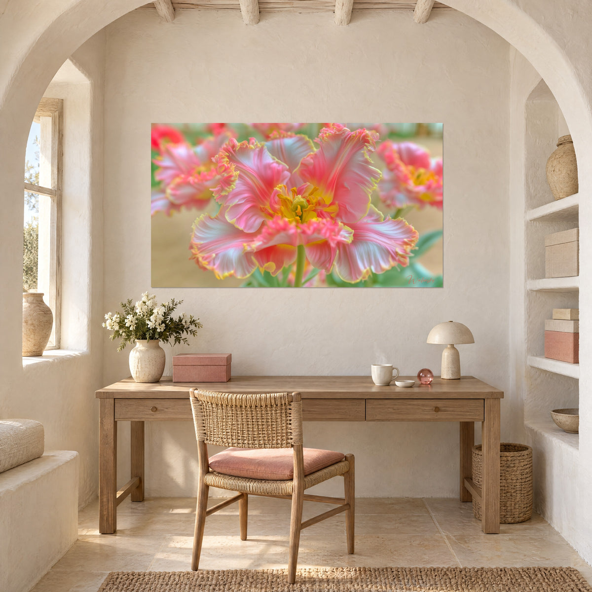 Wall art pink and white spring flower with serrated edges, yellow center, above a light wood desk