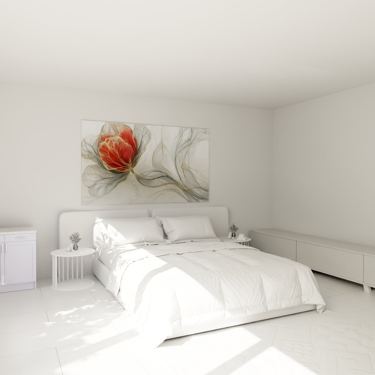 Pétales rouges et filaments dorés de la Tulipe accrochés au-dessus d'un lit dans une chambre claire