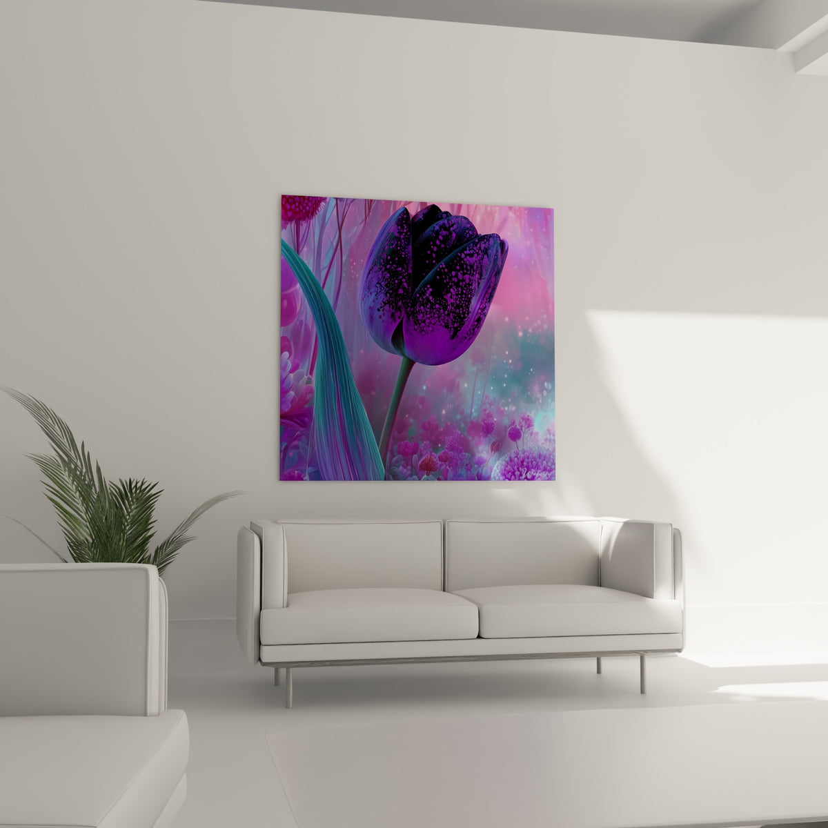 Pétales anthracite parsemés de mauve et de fuchsia au-dessus d'un canapé dans un salon lumineux
